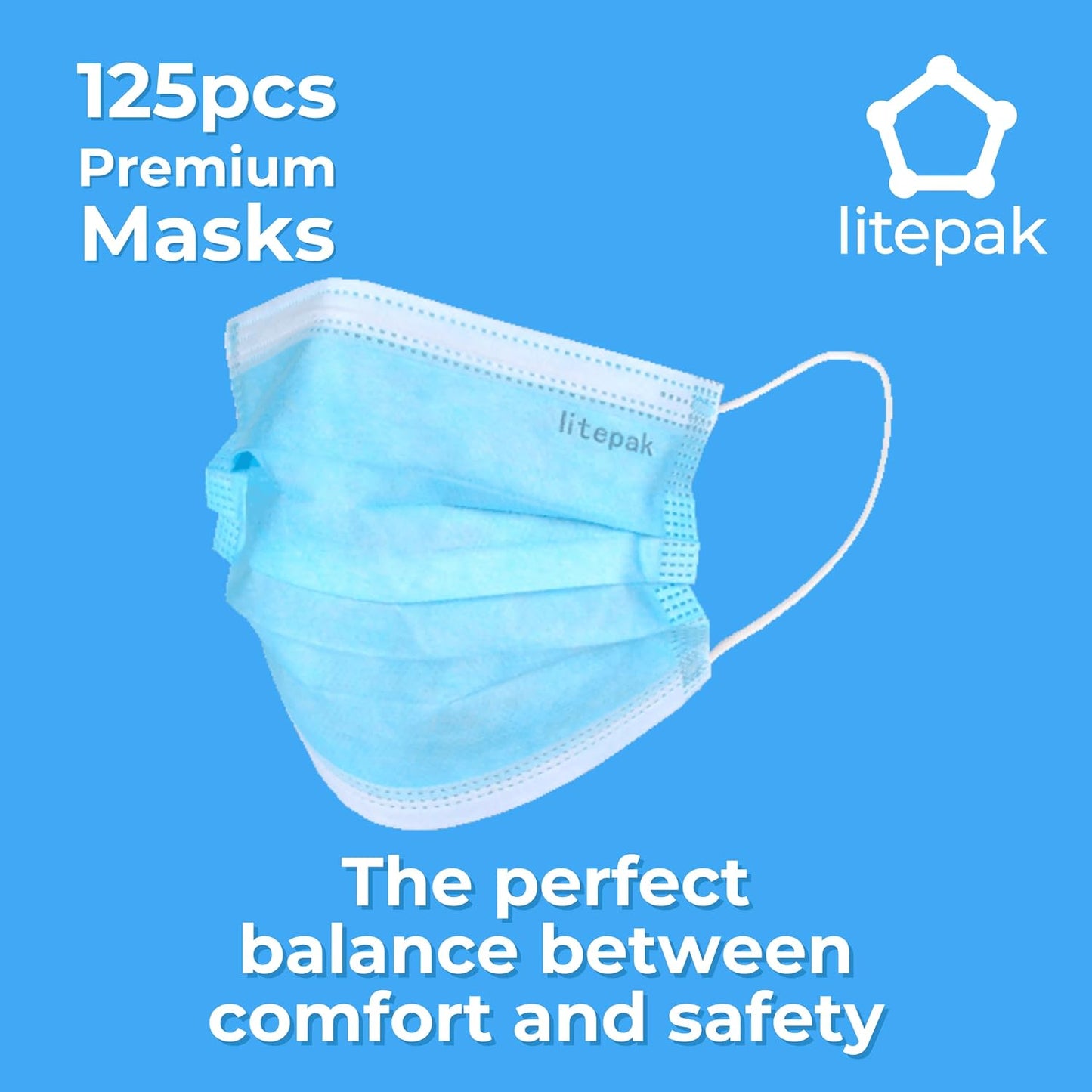 Litepak 125-Pack Premium Disposable Face Masks with Comfort Earloops Blue