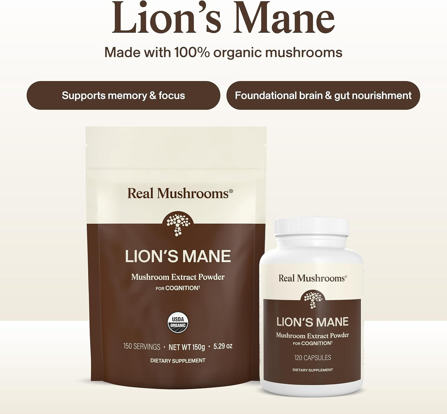 Real Mushrooms Lions Mane Mushroom Cognition (120 Capsules) Lions Mane Mushroom Powder Extract Capsules | Brain Supplement, Brain Vitamins, Focus Supplement