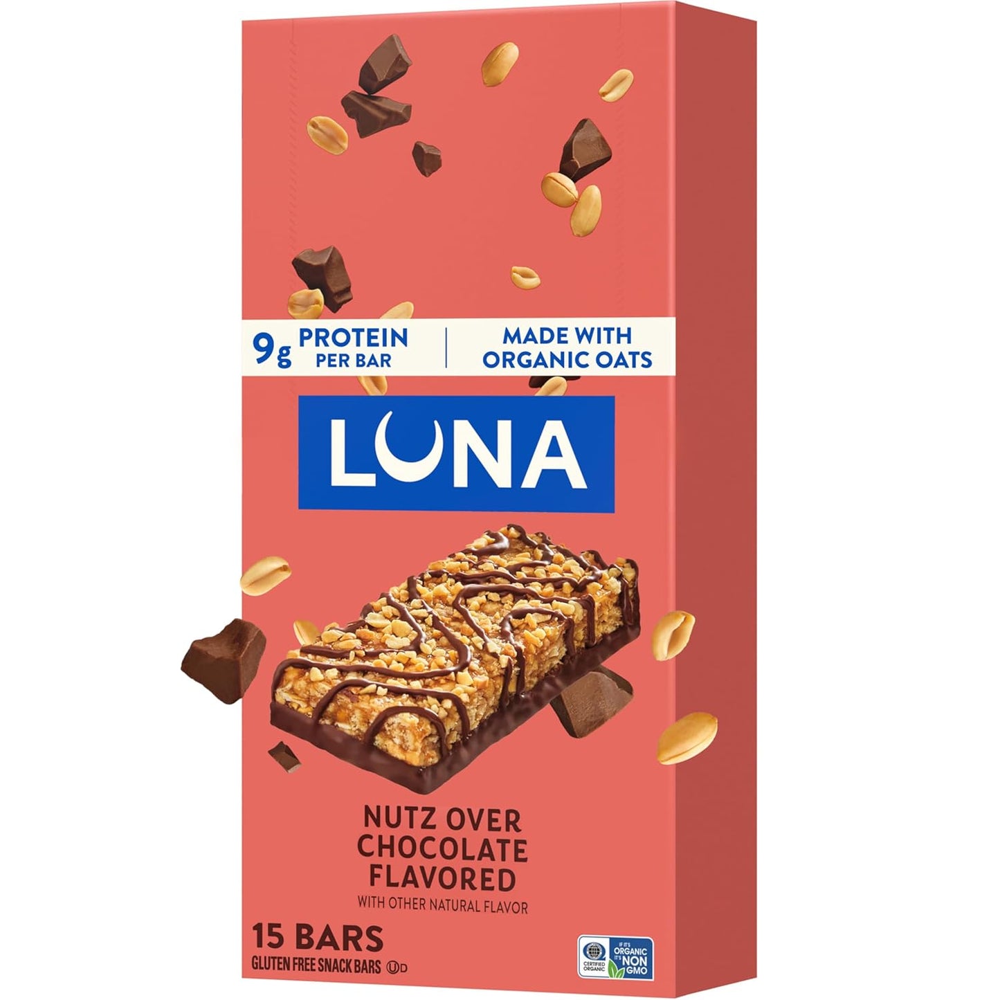LUNA Bar Nutz Over Chocolate Flavor Gluten-Free Non-GMO 7-9g Protein Made with Organic Oats Low Glycemic