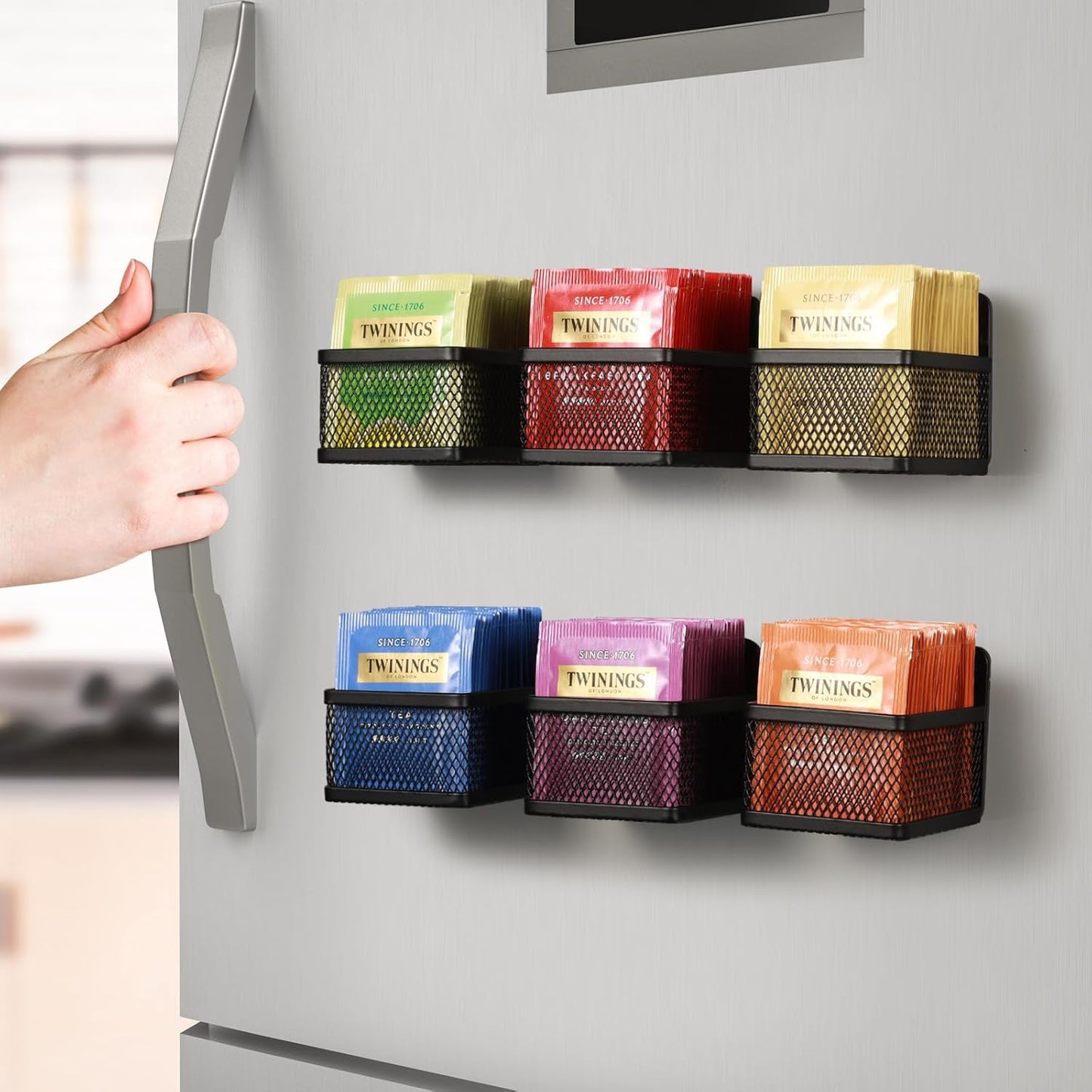 Magnetic Tea Bag Organizer - 6-Piece Metal Tea Organizer for Refrigerator, Kitchen Shelf and Counter, Stylish & Space Saving Tea Organizers and Storage