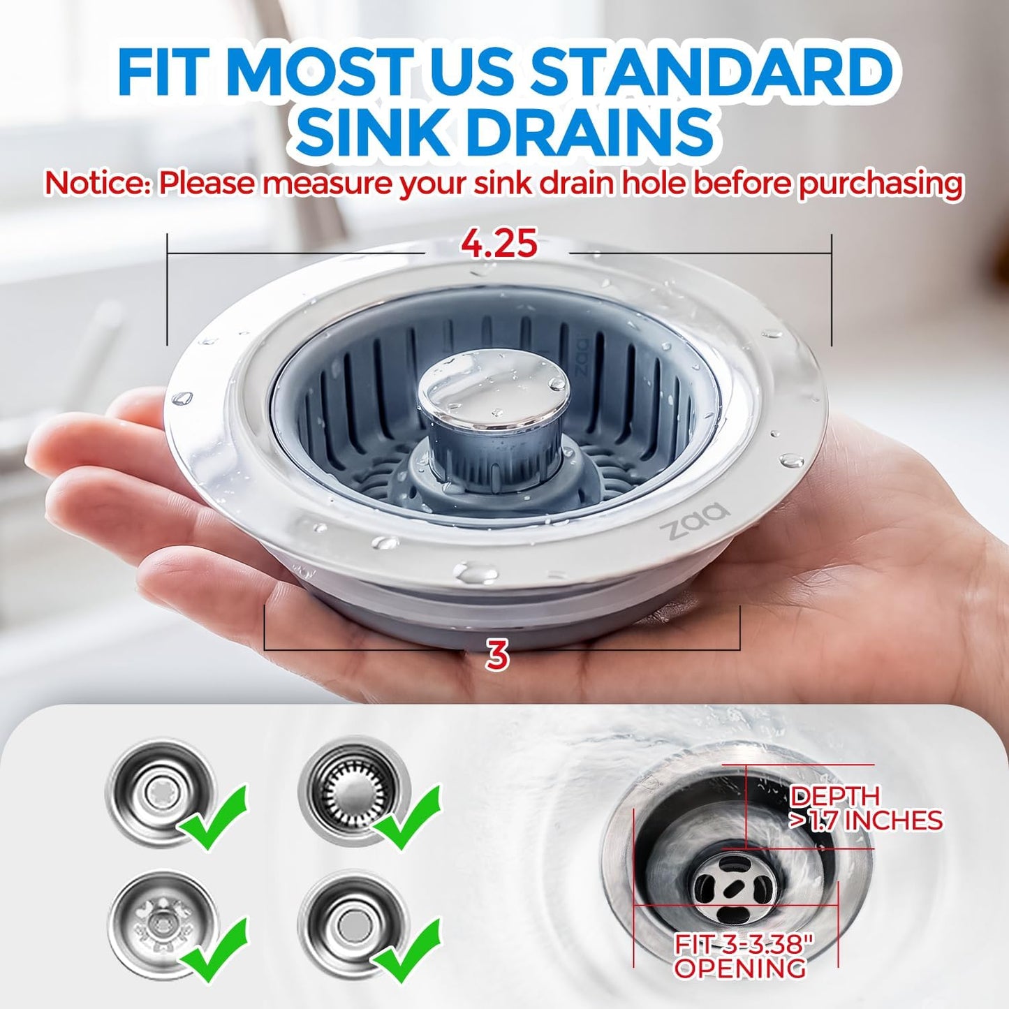 zaa 3 in 1 Kitchen Sink Drain Strainer Stopper Removable Basket Pop-Up | Kitchen Sink Accessories 1 Pack Silver Stainless - Food Catcher, Odor-Blocking Seal, Fits 3.5" Drain, Easy Clean