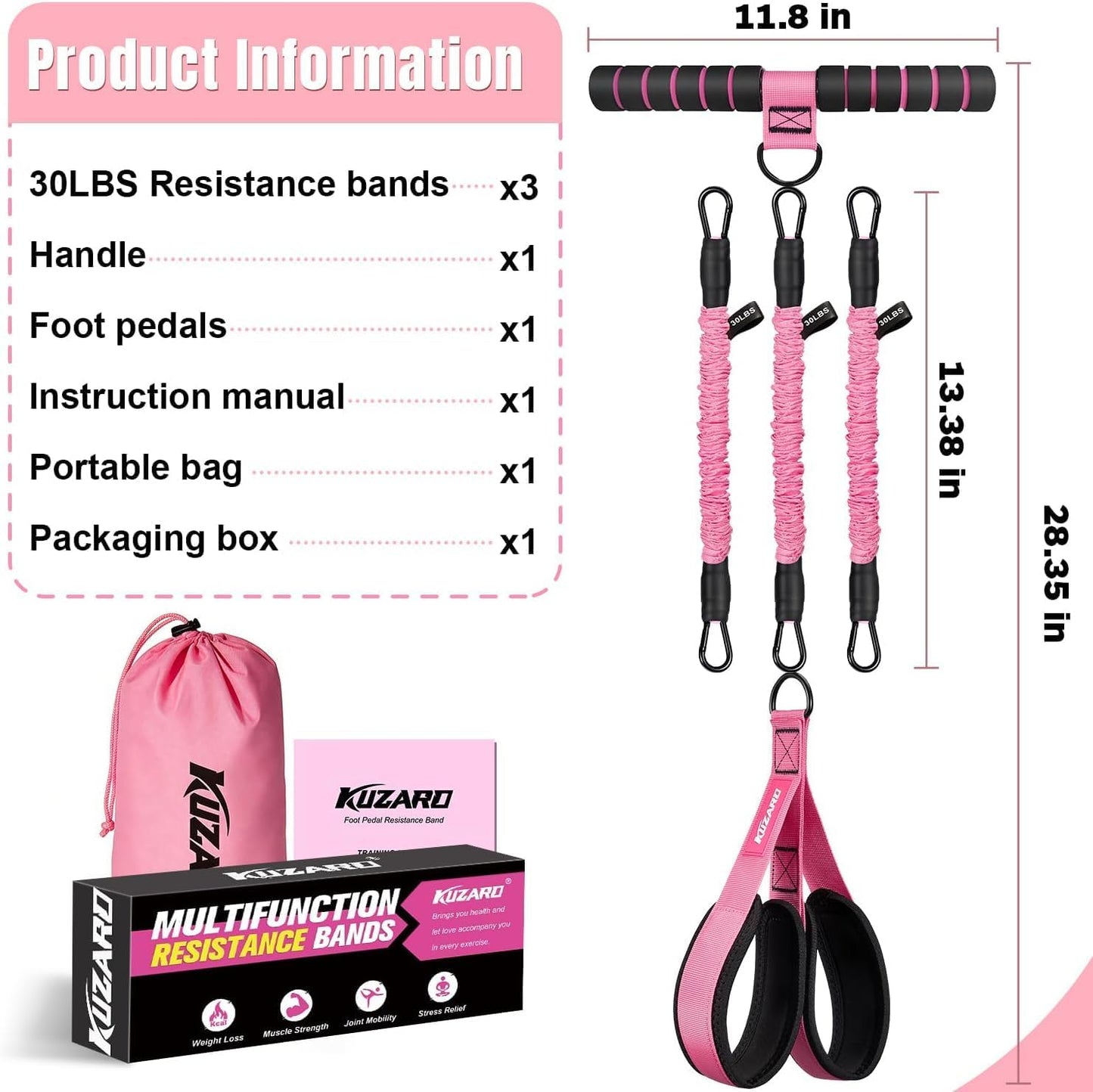 KUZARO Multifunction Pedal Resistance Bands for Full-Body Workout - Adjustable 30-90 lbs