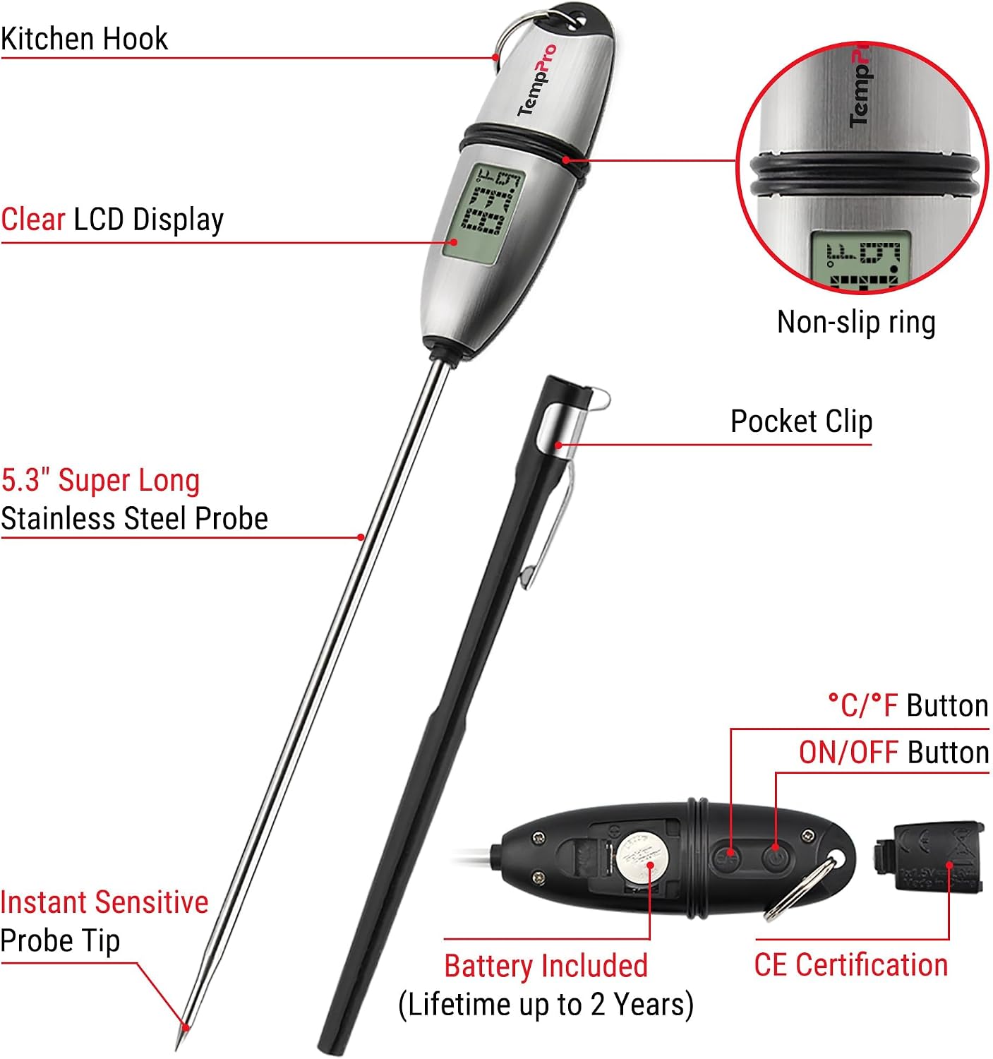 TempPro TempSwift 1 Sec Digital Food Thermometer for Kitchen Cooking | Meat Thermometer Digital, 5.3 inches Super Long Probe, Bread Baking Sourdough Liquids Candy Making Accessories Gift