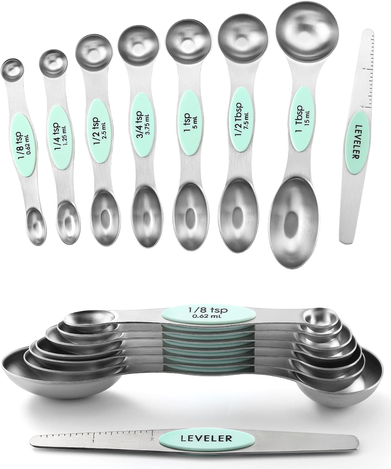 Spring Chef Magnetic Measuring Spoons Set of 8 for Kitchen, Multicolor | Stainless Steel Teaspoon & Tablespoon Measuring Spoons with Leveler for Dry & Liquid Ingredients, Dual Sided, Dishwasher Safe