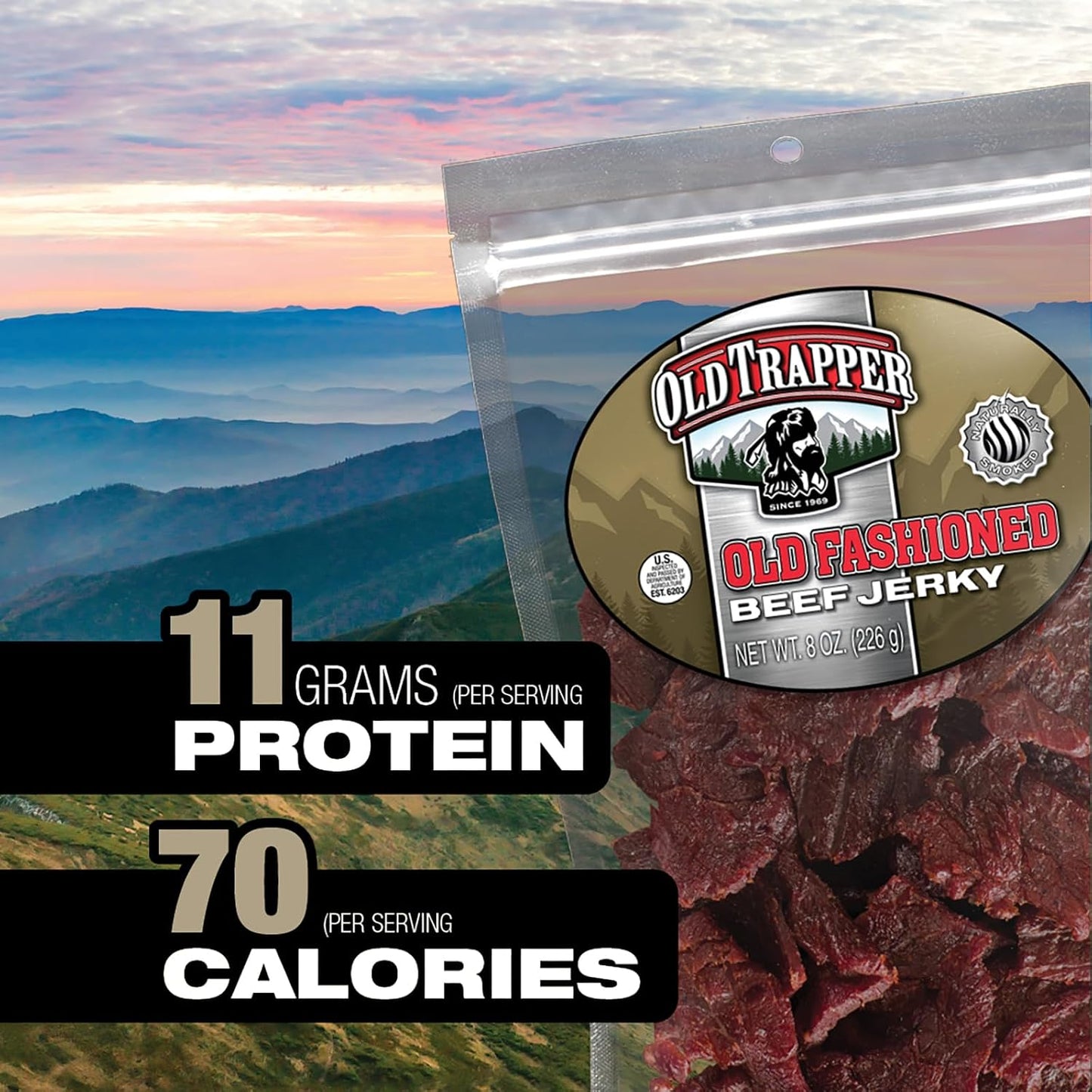 Old Trapper Beef Jerky, 8 Ounce Bag, Tender Meat Snacks for Lunches or Between Meals