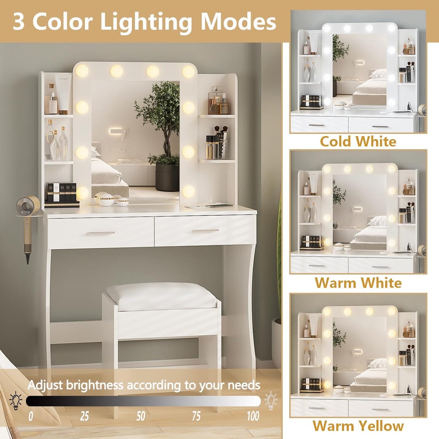 Vabches Vanity Desk with Lights,Makeup Vanity with Power Strip,Dressing Table Set with 2 Large Drawers,Vanity Mirror 3 Lighting Color Adjustable,White