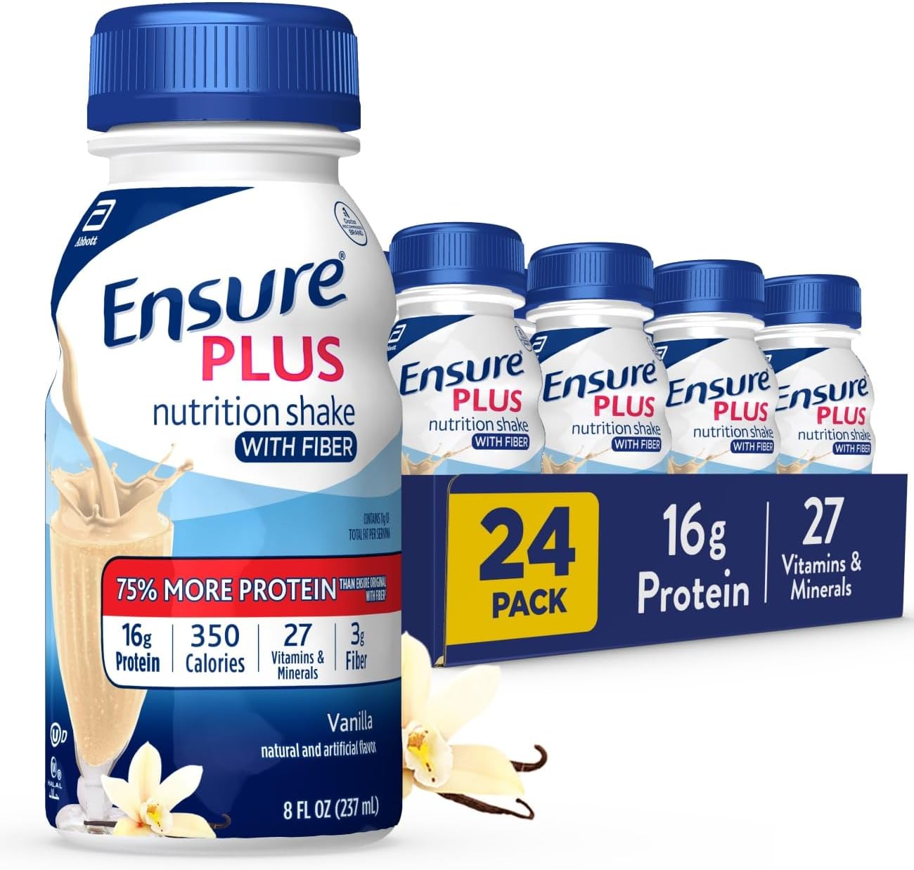 Ensure Plus Milk Chocolate Nutrition Shake with Fiber | Meal Replacement Shake | Ready to Drink | 16g Protein and 27 Vitamins and Minerals | 8 fl oz - 24 Pack