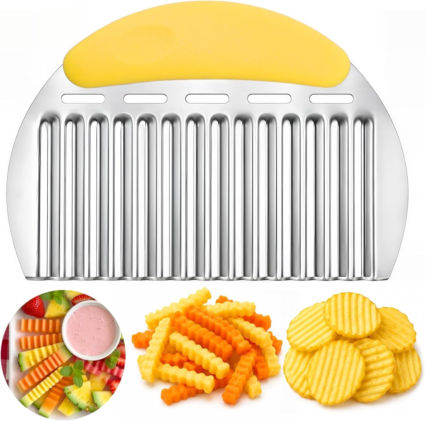 JAYVAR Large Crinkle Cutter French Fry Cutter, Stainless Steel Wavy Slicer | Large Crinkle Potato Slicer Wavy Chopper, Crinkle Cutting Chopping Tools with Handle