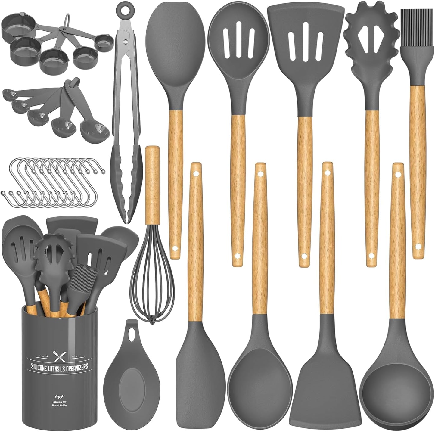 Umite Chef Kitchen Cooking Utensils Set, 33 pcs Non-Stick Silicone Cooking Kitchen Spatula Set with Holder, Wooden Handle Silicone Kitchen Gadgets Utensil Set (Black)