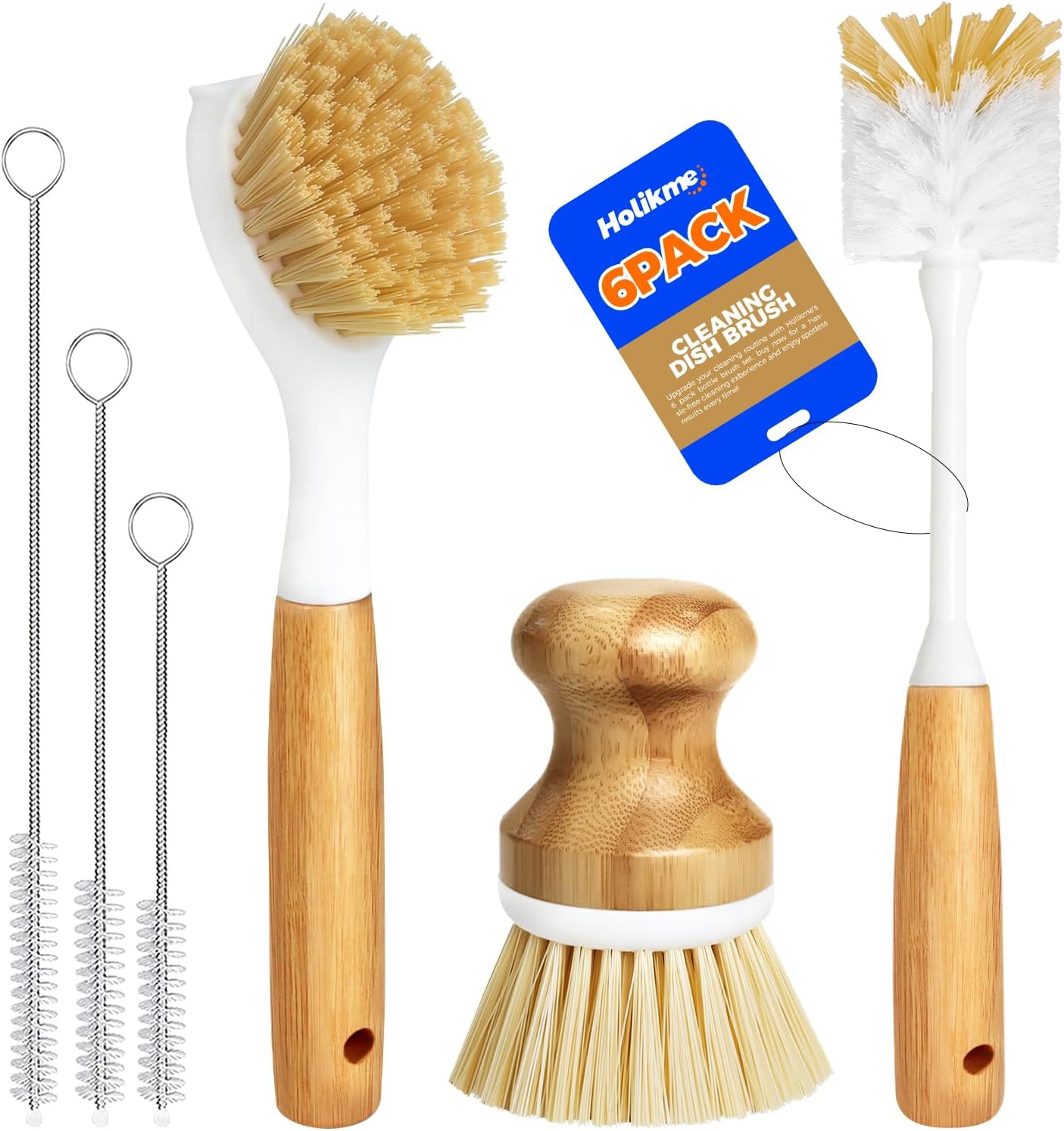 Holikme 6 Pack Dish Brush with Bottle Brush Scrub Brush Straw,Yellow | Dish Brush, Palm Scrub Brush and Straw Brush, Dish Scrubber Long Handle for Dish Bottle Cup Skillet Wok Pot Pan Cast Iron