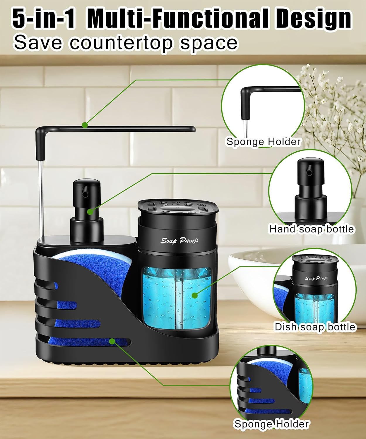 Kitchen Soap Dispenser Set, 4-in-1 Dual Hand and Dish Soap Dispenser with Sponge Holder and Dishcloth Holder for Kitchen Sink (Black)