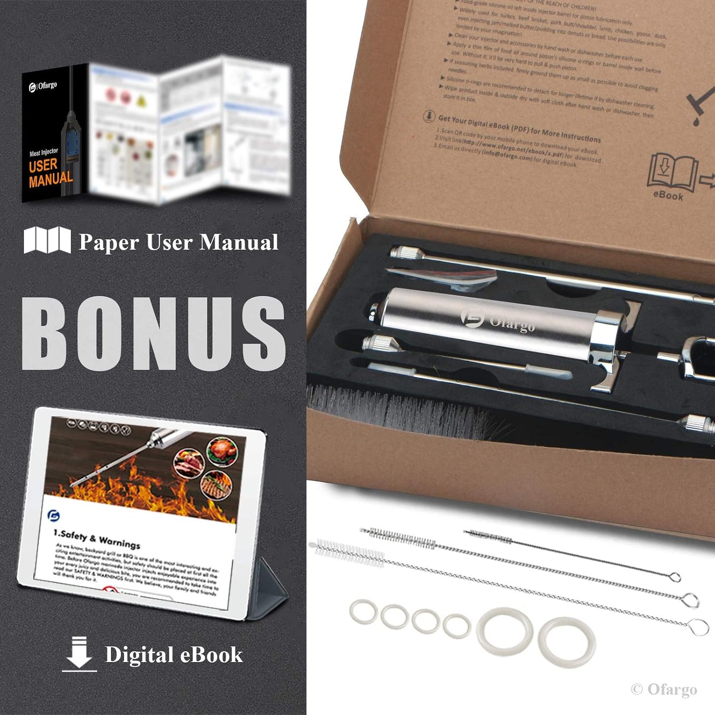 Ofargo Stainless Steel Meat Injector Syringe Kit with 4 Marinade Needles for BBQ Grill Smoker, Father Day Gifts for Dad Husband Men Him, 2-oz Large Capacity, Both Paper User Manual and E-Book Recipe