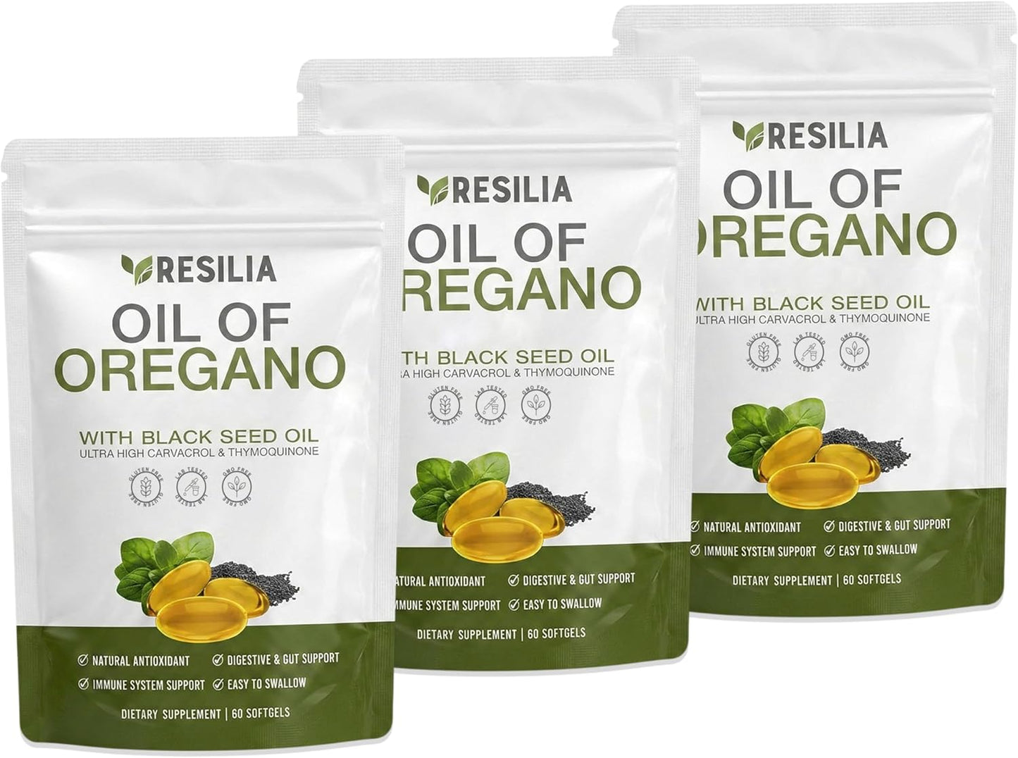 Resilia Softgels with Black Seed Oil 6000mg – Premium Grade Oregano Oil Capsules for Immune & Digestive Support – Non-GMO, Gluten-Free Softgels – Natural Herbal Wellness Supplement (60 Count)