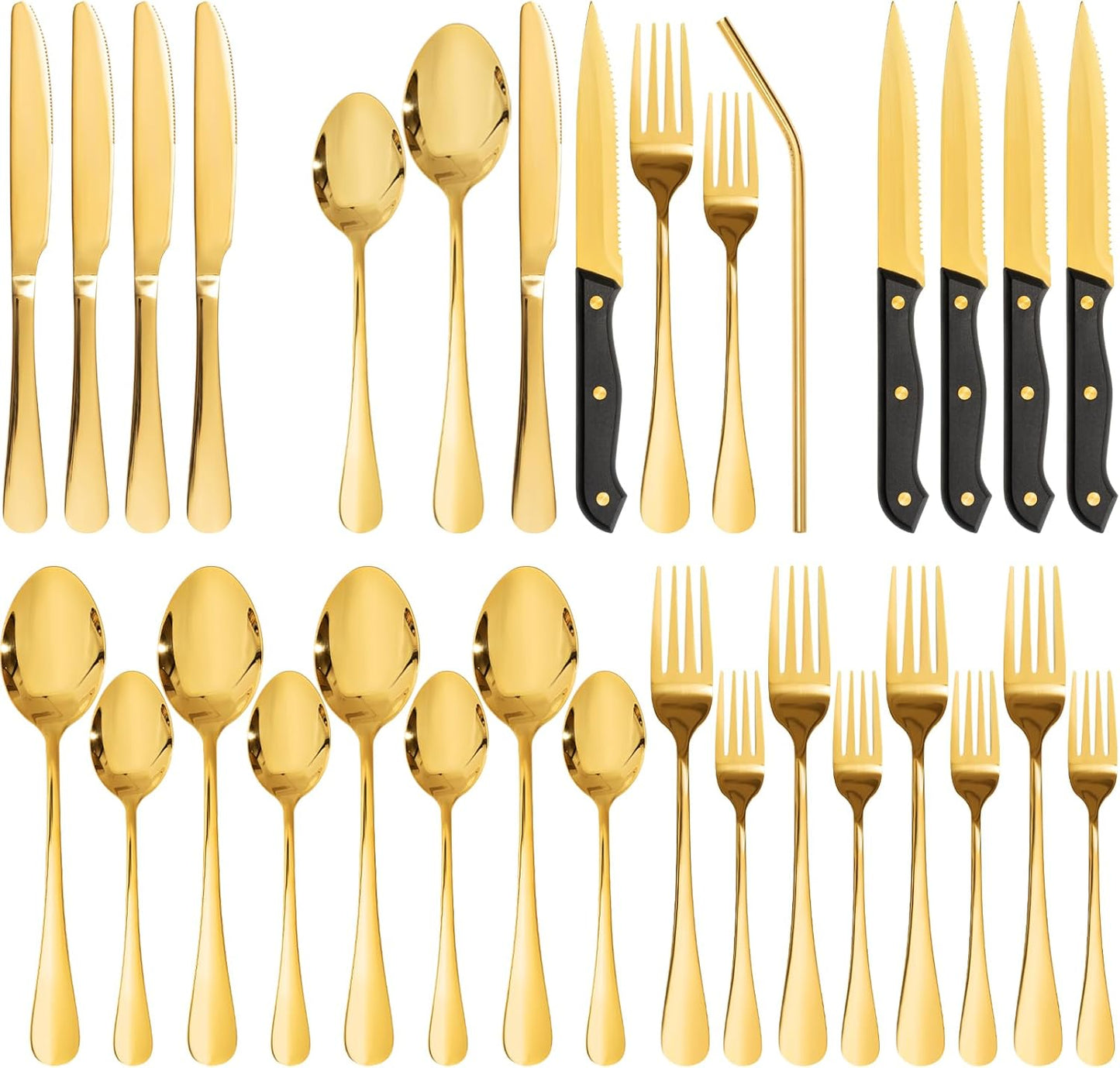 Astercook Silverware Set with Steak Knives 24-Piece Flatware Set for 4 Food-Grade Stainless Steel Cutlery Set Mirror Polished Utensils Set Include Spoons and Forks for Home Kitchen Restaurant