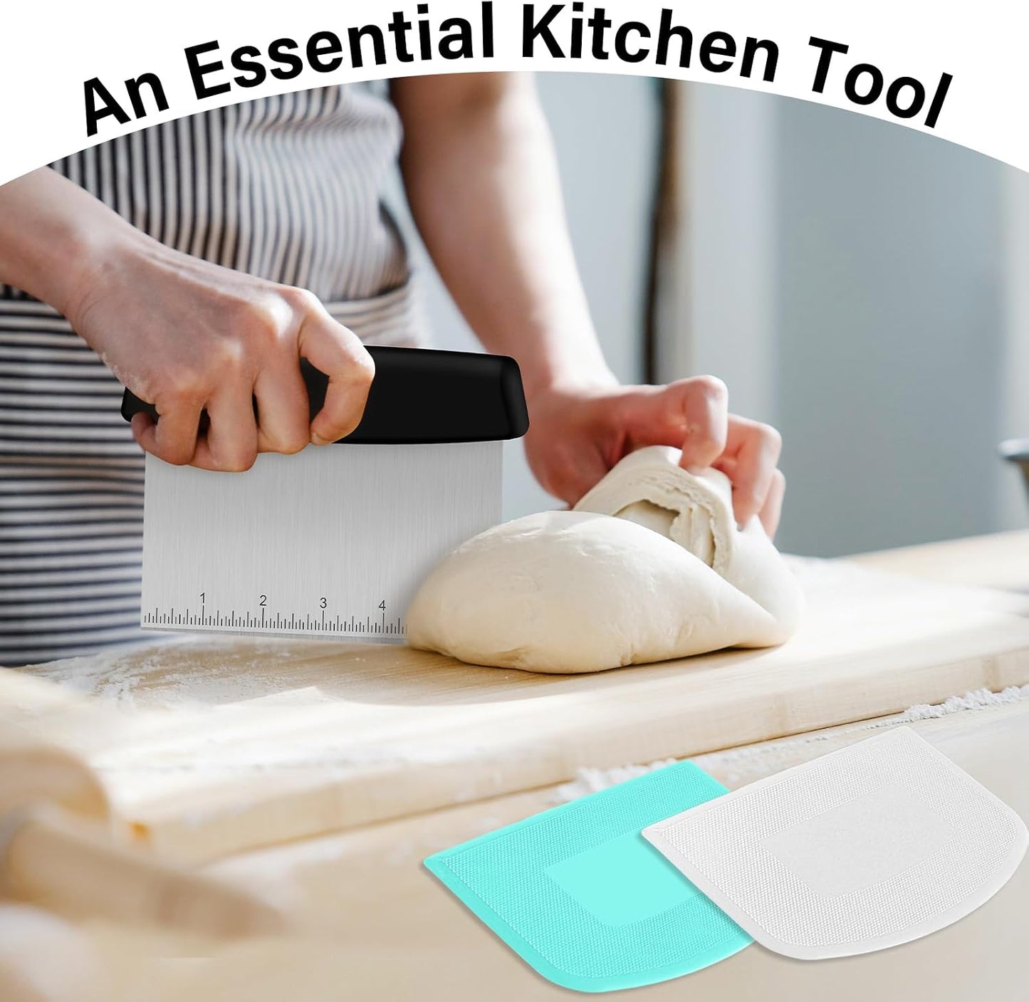 Ecavria Bench Scraper, Premium Stainless Steel Dough Scraper with 2 PCS Flexible Bowl Scraper, Dough Cutter with Measuring Scale, Versatile Kitchen Scraper Set for Pastry Bread Pizza Cake