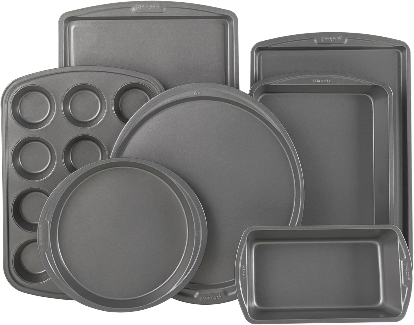GoodCook 4-Piece Nonstick Steel Toaster Oven Set with Sheet Pan, Rack, Cake Pan, and Muffin Pan, Gray, 4-Piece Set Distributes Heat Evenly, Nonstick Coating, Dishwasher-Safe