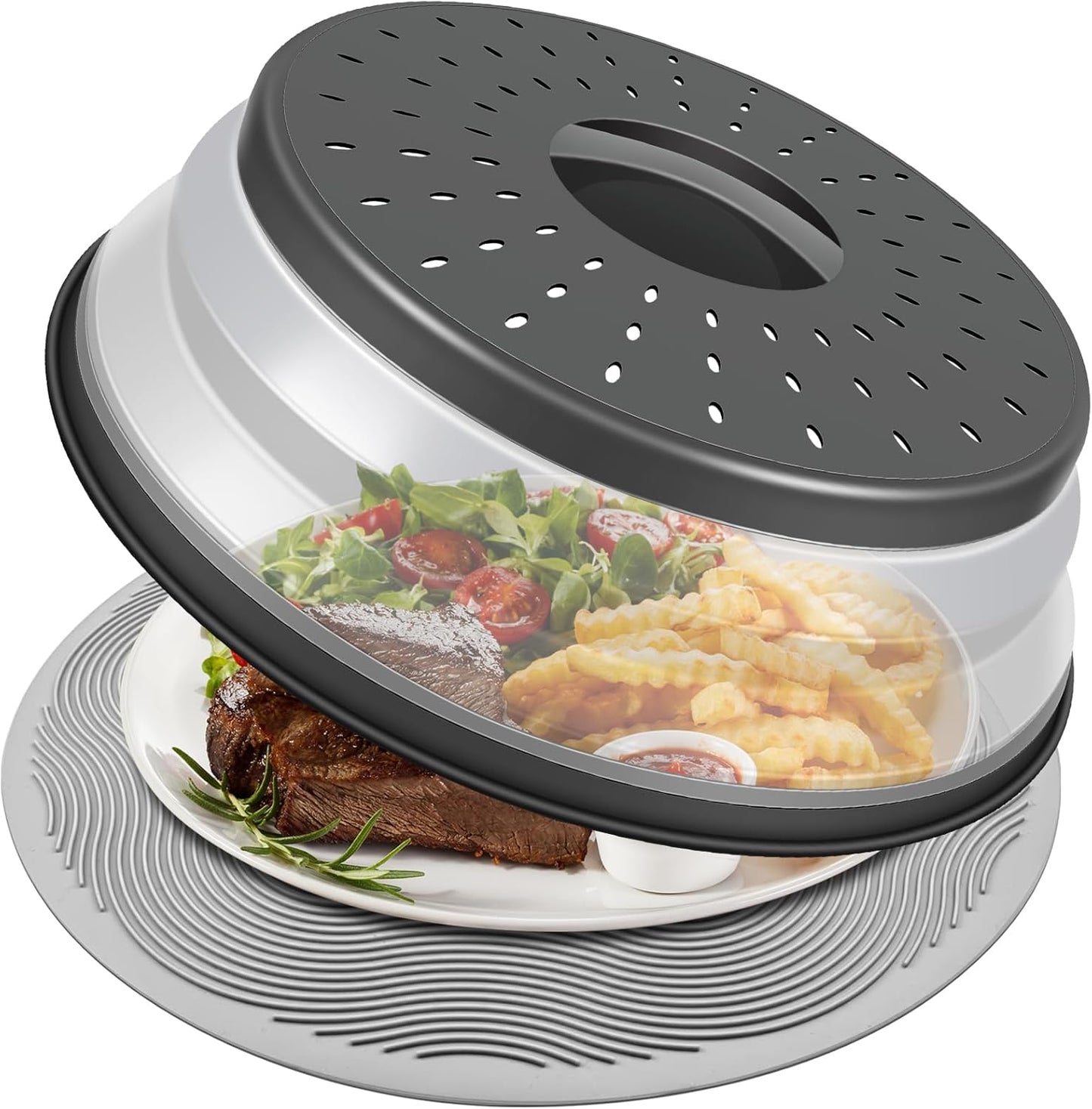 LekDrok 10 Inch Microwave Food Cover & Collapsible Silicone Mat - Splatter Guard, Plate Holder & Kitchen Colander for Meal Prep, Charcoal