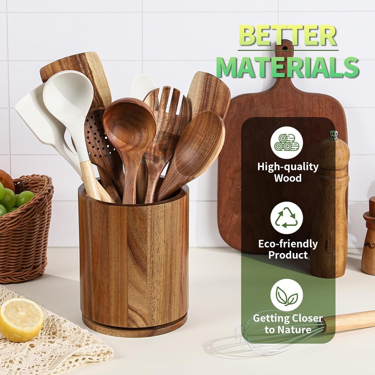 Acacia Wood Utensil Holder, 360° Rotating 7.3 in Kitchen Organizer | Rustic farmhouse countertop decor. Rotating base for easy access to spatulas, spoons, and cooking utensils. 7.3-inch capacity