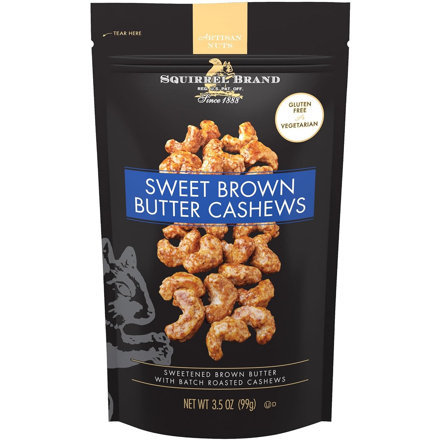 Squirrel Brand Sweet Brown Butter Cashews 3.5 oz Resealable Gluten Free Gourmet Nuts Snack
