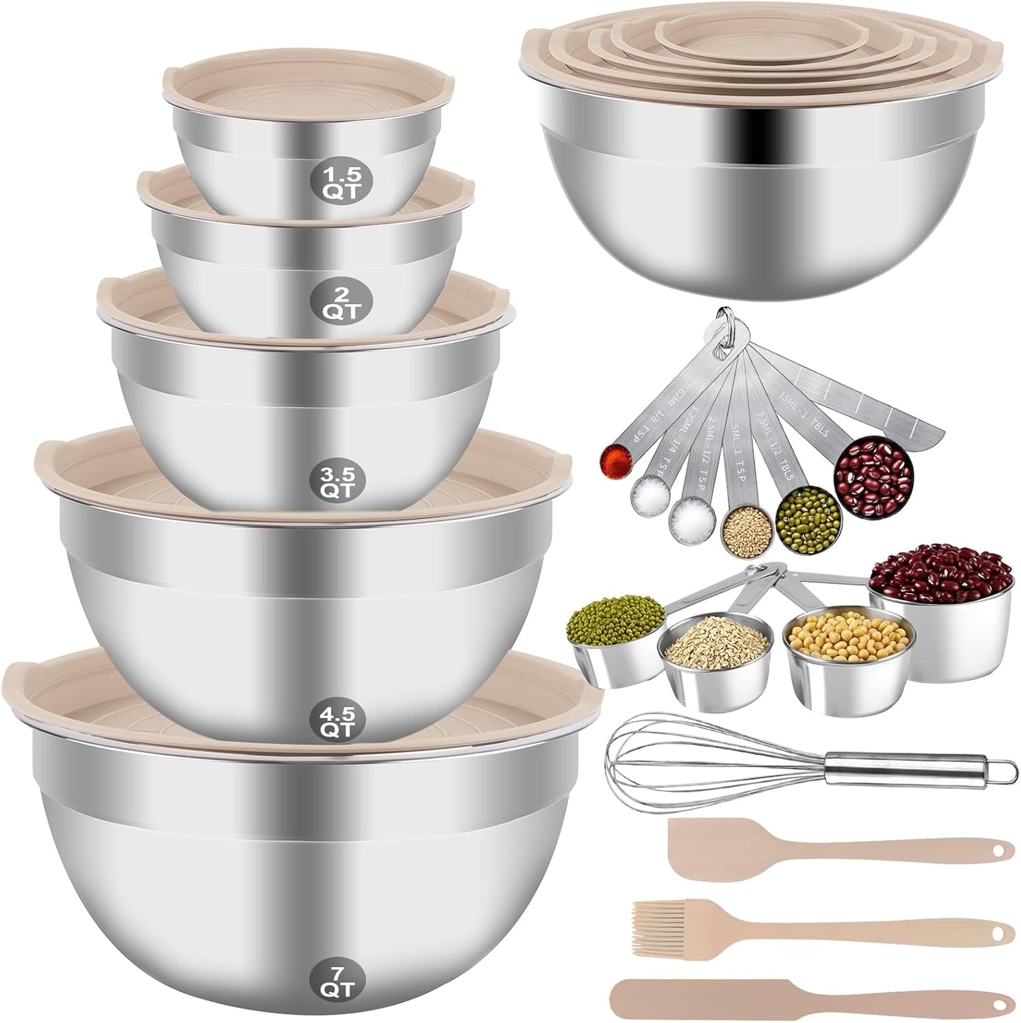 WEPSEN Mixing Bowls Set, 25PCS Stainless Steel Mixing Bowl with Lid Set, Large Nesting Bowls 7, 4.5, 3,2, 1.5QT, Measuring Cups and Spoons Baking Utensils Metal Bowl for Kitchen Prep