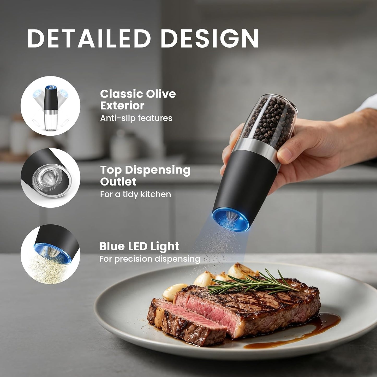 UNNEES Battery Operated Gravity Salt And Pepper Grinder Set, 2 Pcs (Black) | Automatic Salt And Pepper Grinder Set, Adjustable Roughness,12 Batteries Required, Led Light