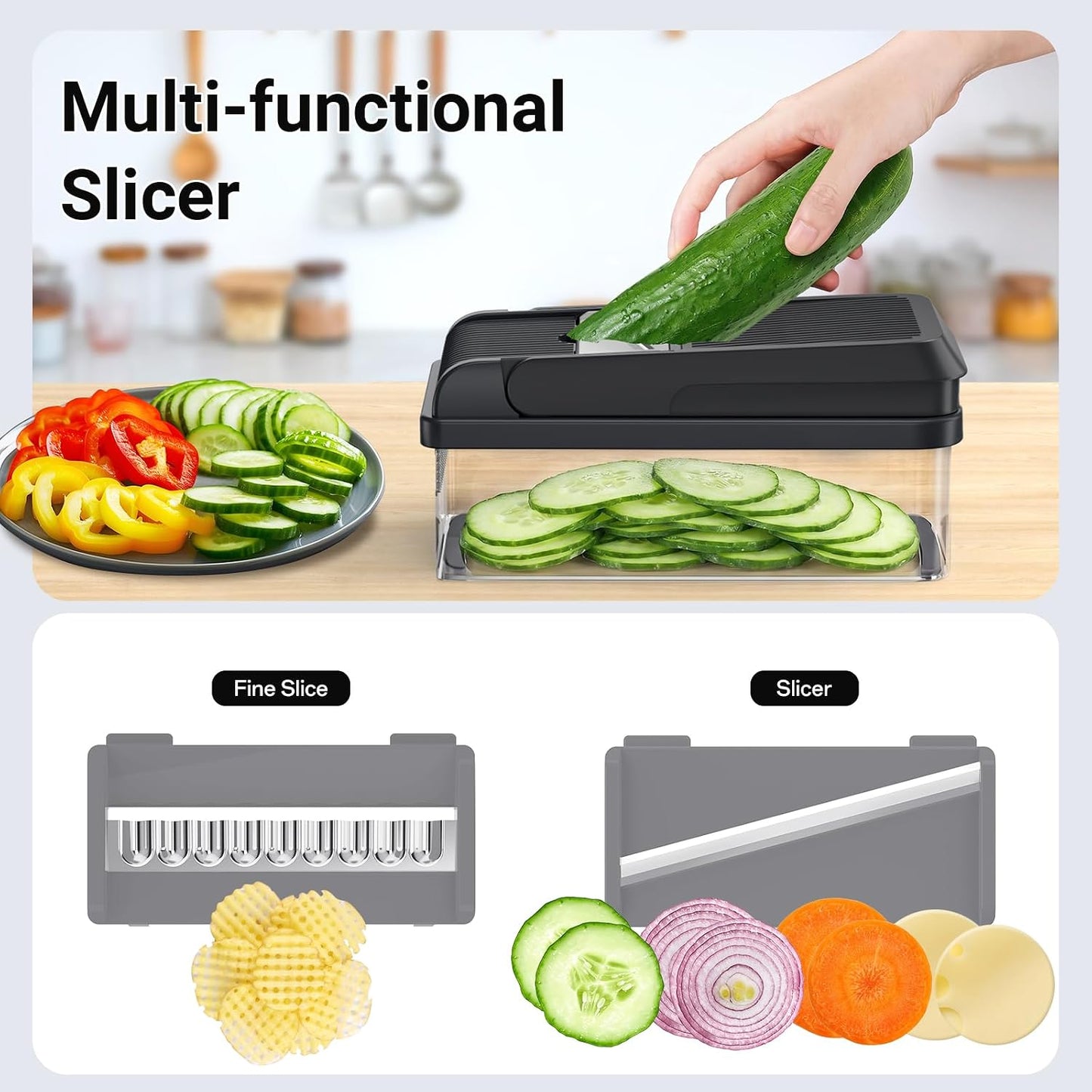 12-in-1 Vegetable Chopper with 7 Blades, Food Veggie Cutter, Mandoline Gray | Includes Egg Separator, Food Container and Finger Guard, Non-slip Base, for Chopping, Slicing, Shredding, and Mincing