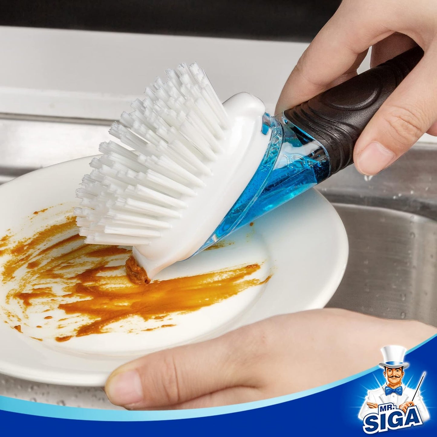 MR.SIGA Soap Dispensing Dish Brush, Kitchen Brush for Pot Pan Sink, 2 Pack | Dish scrubber with soap dispenser, dish soap brush with scraper
