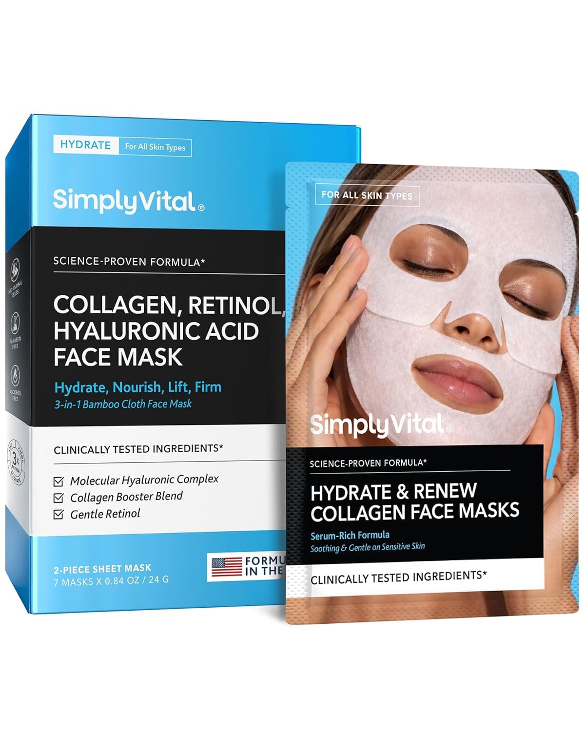 SimplyVital Collagen Facial Mask with Retinol & Hyaluronic Acid for Women