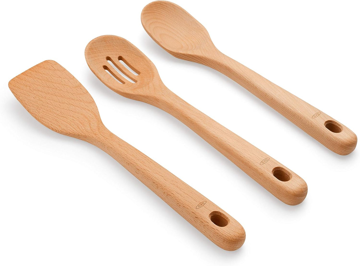 OXO Good Grips 3‑Piece Wooden Utensil Set, Solid Beachwood Spoon, Slotted Spoon and Turner