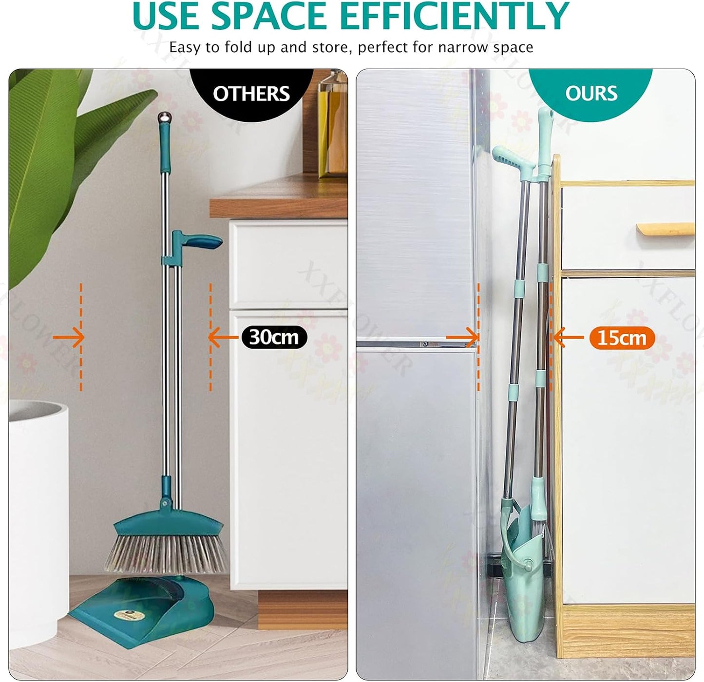 XXXFLOWER Broom and Dustpan Set with Cleaning Teeth, 54.5" Long Handle Indoor Sweeping Combo for Home Office Kitchen, Bluish Green