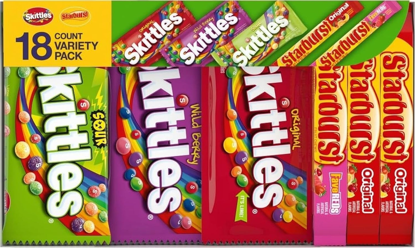 Bulk box of assorted SKITTLES and STARBURST candies, 37.05 oz, 18-count variety mix