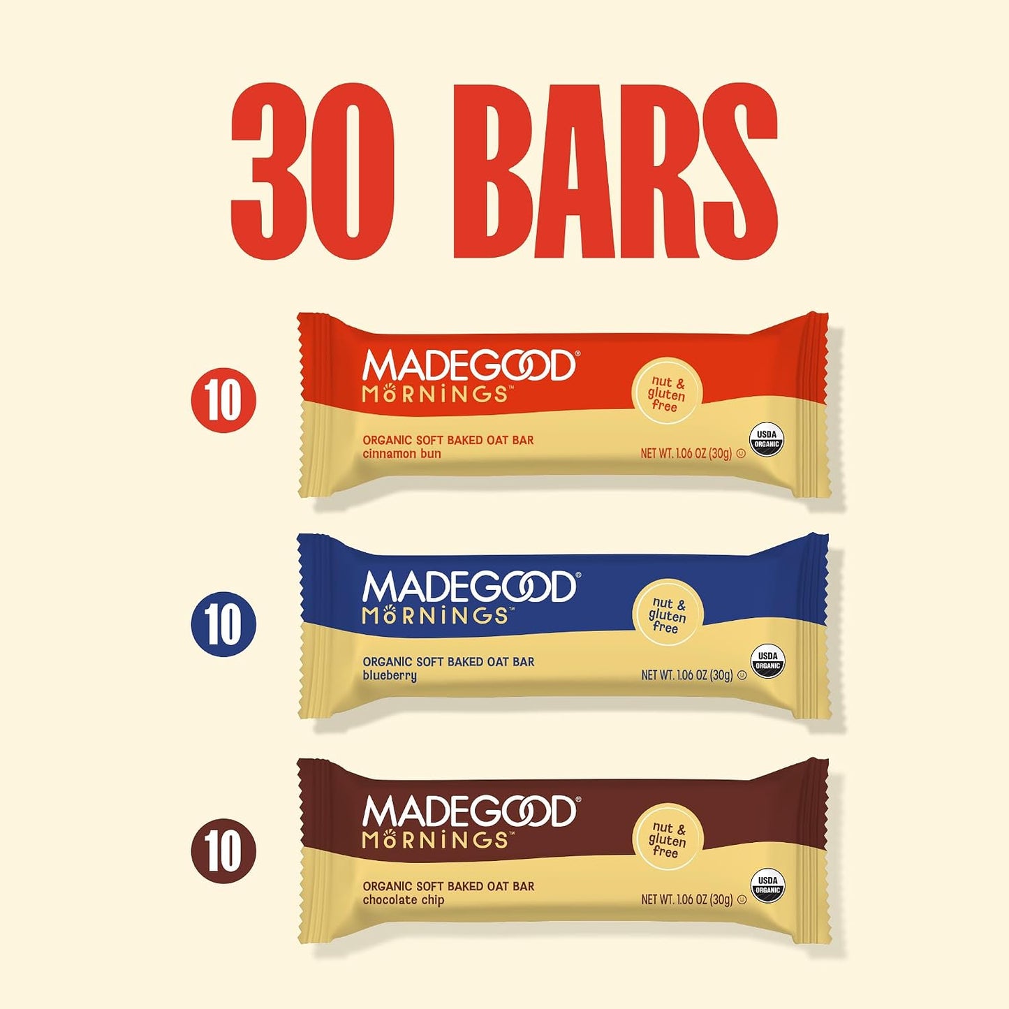 MadeGood Mornings Soft-Baked Oat Bars Variety Pack, 30 count, certified organic, gluten-free, vegan, kosher, non-GMO