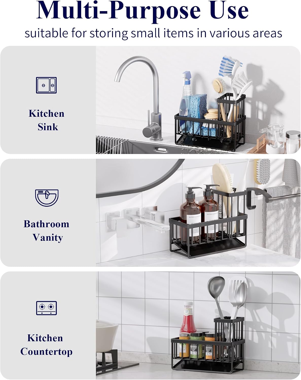 Kitsure Sponge Holder for Kitchen Sink, 7.9"x3.7"x6.2", Black | Kitchen Sink Caddy, Home Decor Accessories, Stainless Steel, High Brush Holder