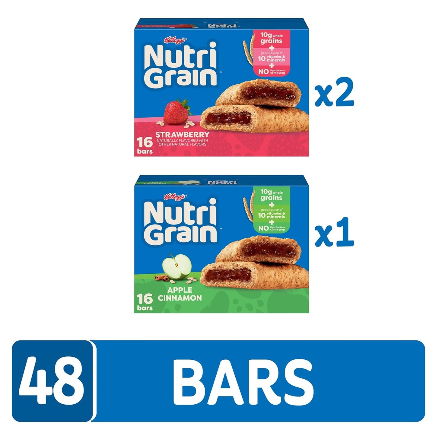 Nutri-Grain Breakfast Bars Variety Pack with 10g Whole Grains, 48 Count