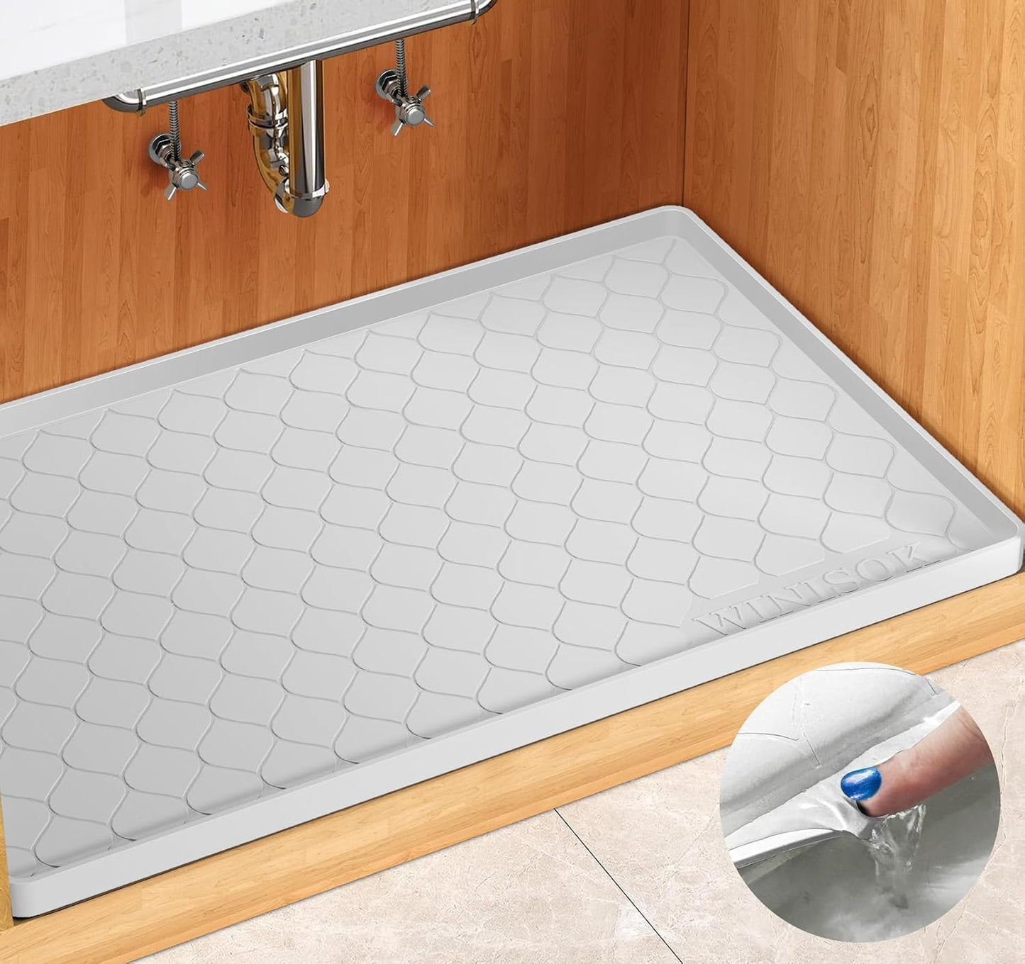 Winisok Waterproof Under Sink Mat 34" x 22", Silicone Mat, Beige | Raised Edge Traps Spills & Leaks, Shelf Liner, Cabinet Protector, for Kitchen, Bathroom, Boots, Pets, Home Essentials