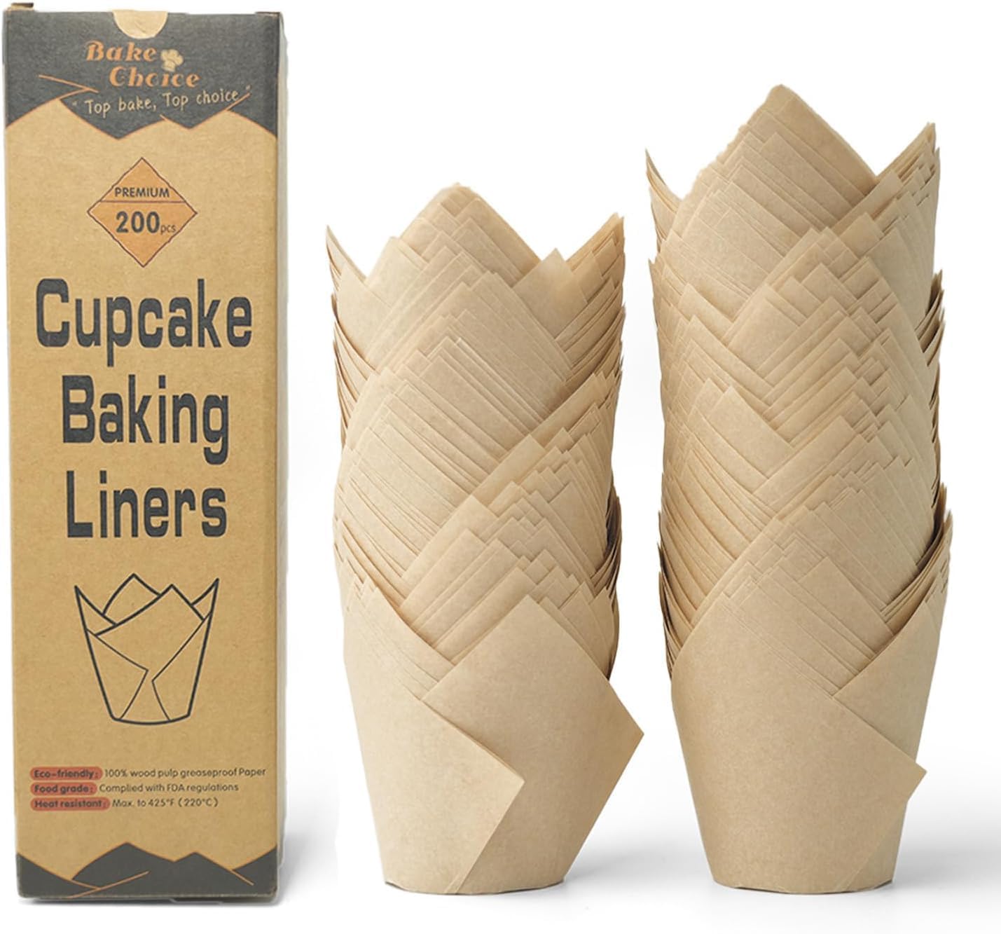 Bake Choice 200pcs Natural Tulip Cupcake Liners for Baking Muffin Liners | Unbleached European Parchment Paper, Heat-resistant, Greaseproof, Cupcake Wrapper for Party, Christmas, Gift