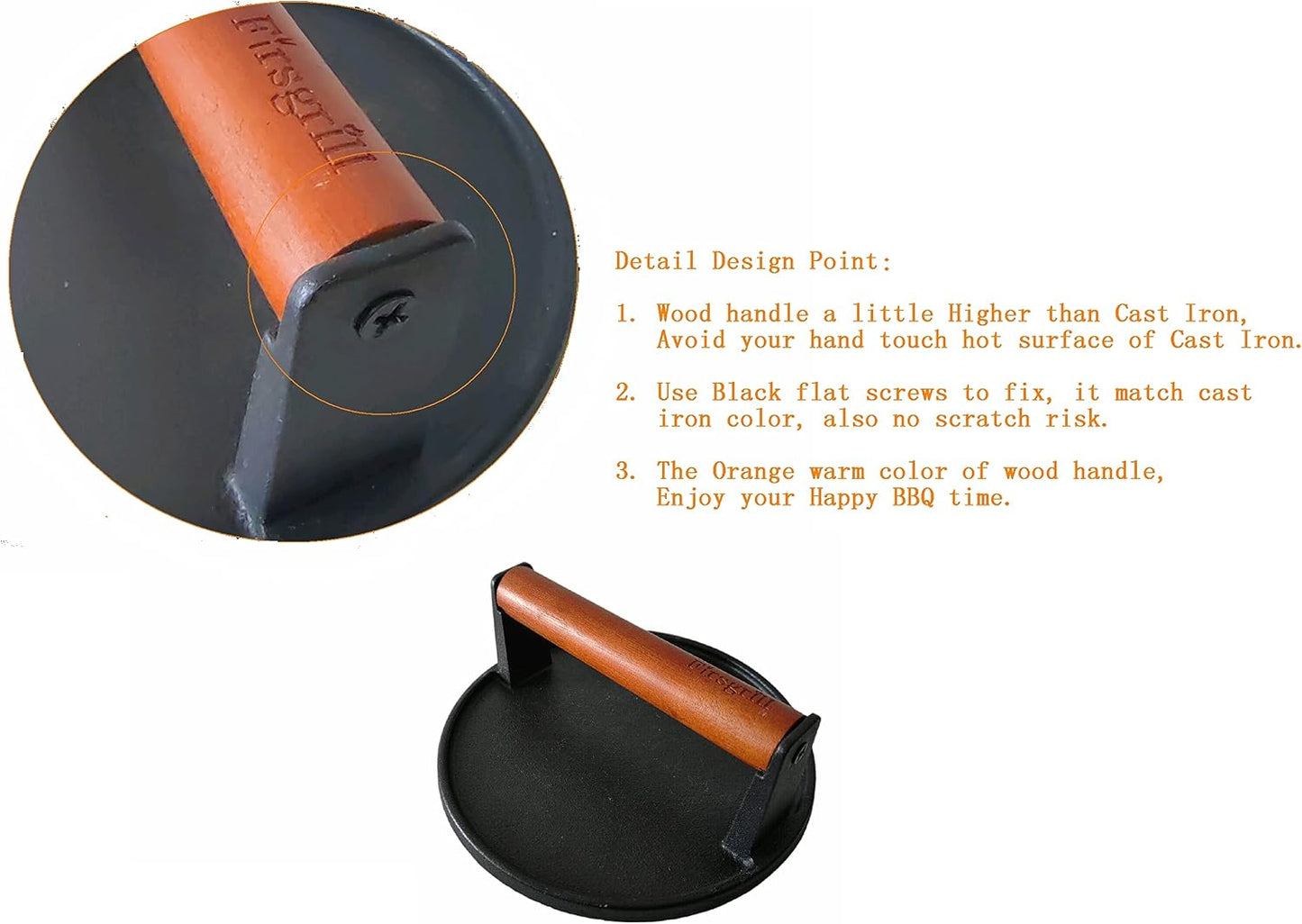 Firsgrill Burger Press 7.08" Round,Heavy-Duty Cast Iron Smash Burger Press Meat Steak With Wood Handle for Blackstone Camp chef Pitboss Weber Griddle Grills(Round) | Heavy Duty Good for Blackstone Camp chef Pitboss Weber Griddle