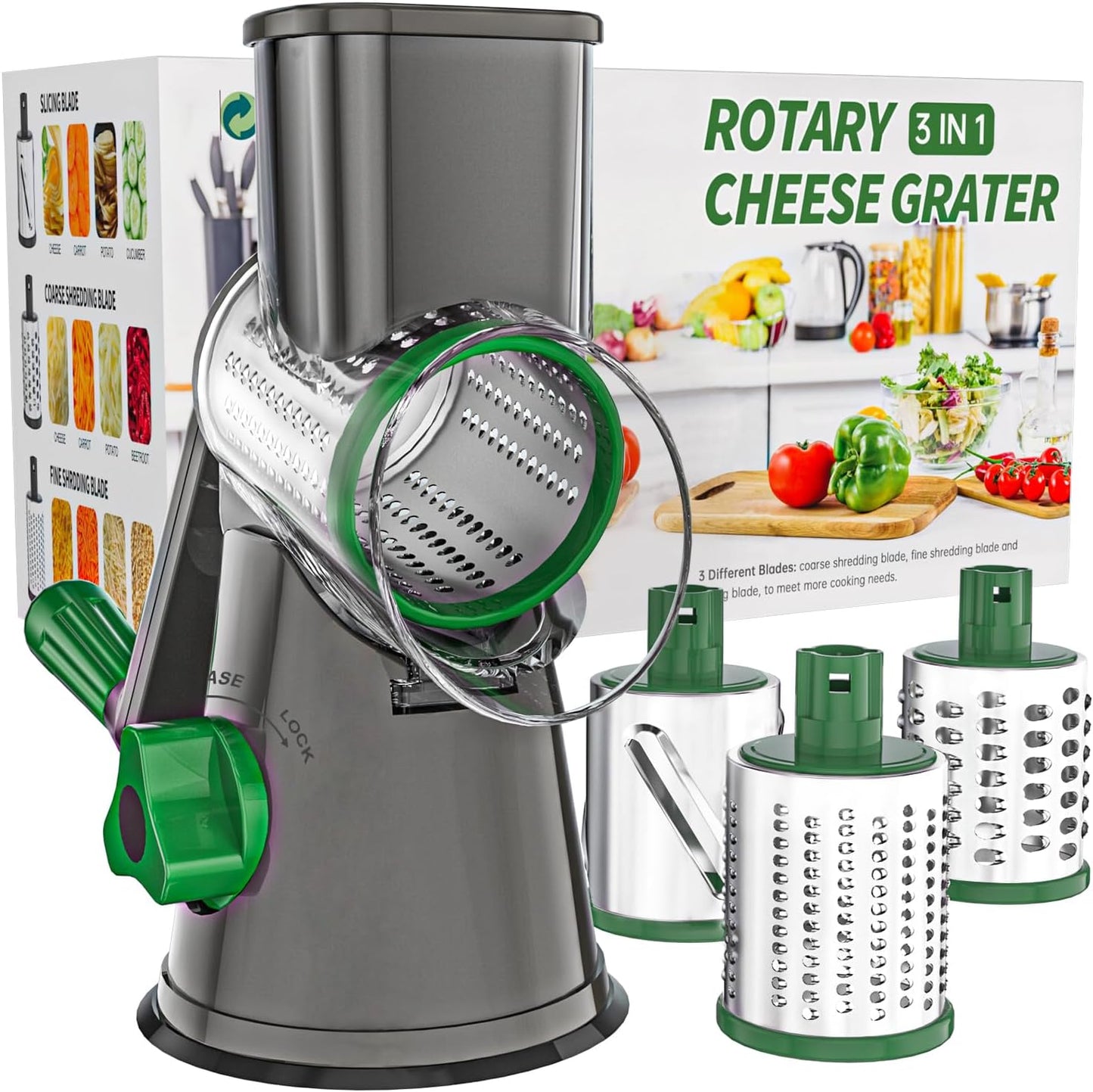Cambom Rotary Cheese Grater Hand Crank Cheese Shredder, Black | for Fresh Cheese, Vegetable, Nuts,Non-slip Suction Base, Three Blades