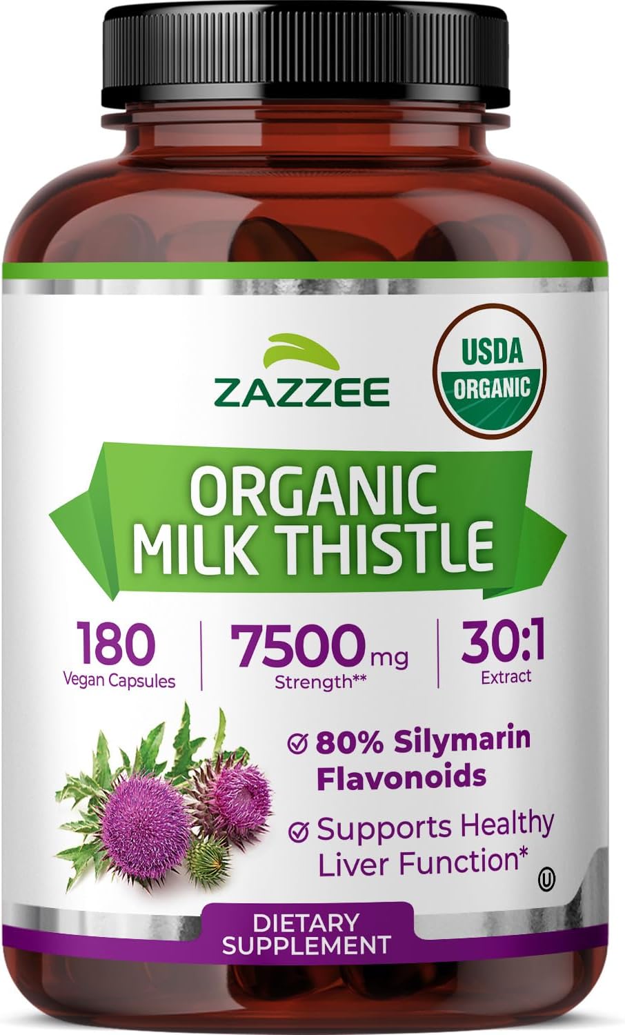 Zazzee USDA Organic Milk Thistle 30:1 Extract, 80% Silymarin, 120 Vegan Capsules, 4 Month Supply, Certified Kosher, High Potency Liver & Antioxidant Support, Silybum Marianum, Non-GMO, Made in the USA