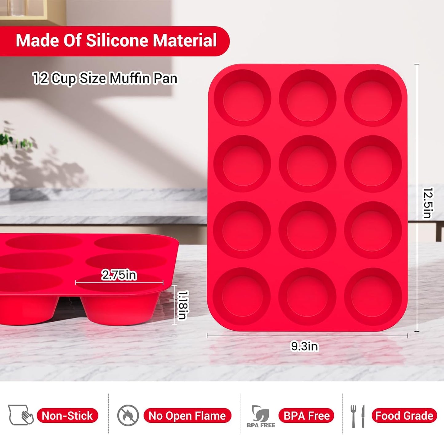 Redfly 2 Pack Silicone Muffin Pan & Cupcake Pans for Baking - 12 Cup Regular Size BPA Free Egg Bites Molds