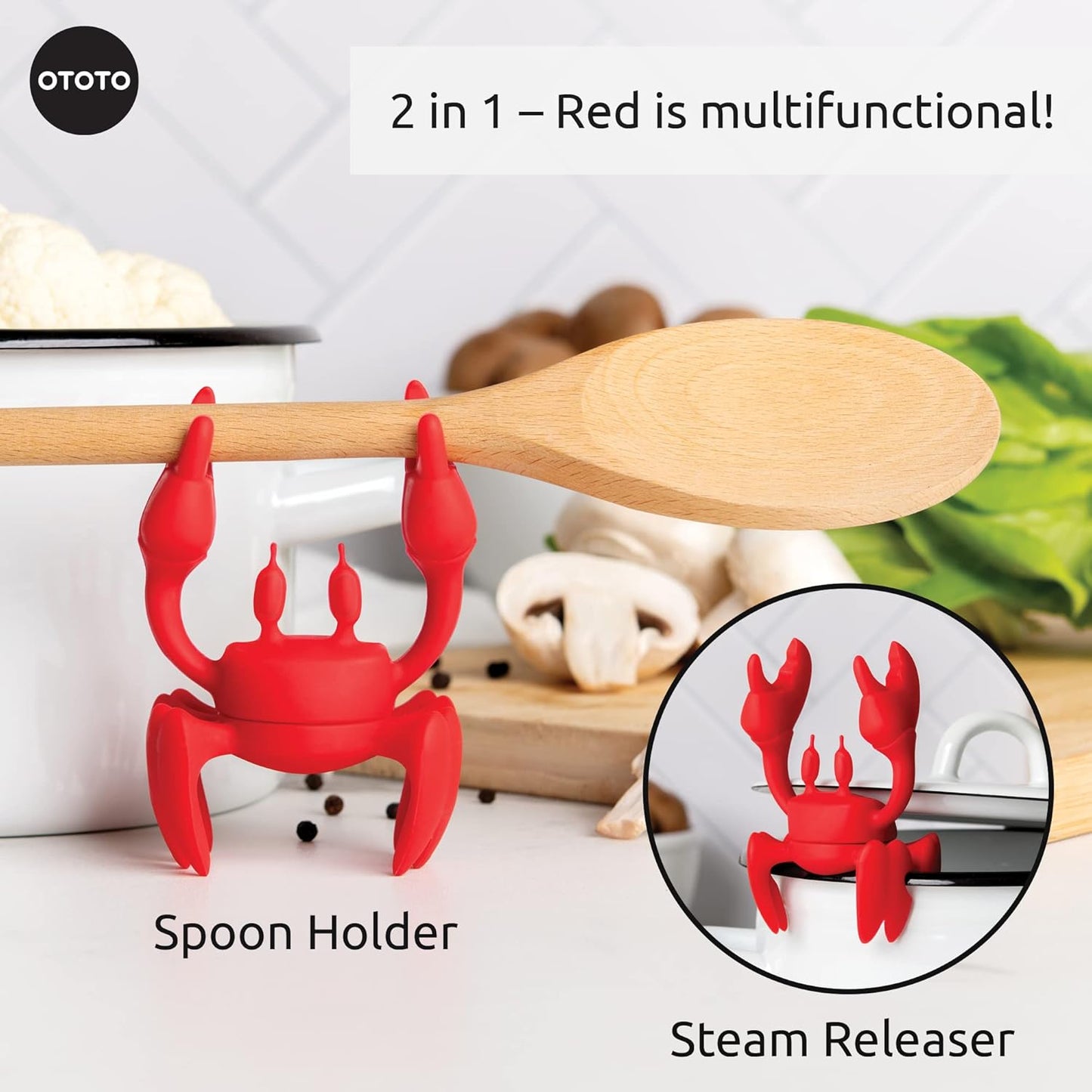 OTOTO 2 in 1 Silicone Spoon Rest & Steam Releaser - Large Spoon Holder for Stove Top - Unique and Useful Gift for Cooking - Heat Resistant Utensil Rest, Kitchen Gadgets, Red Gift (Red the Crab)