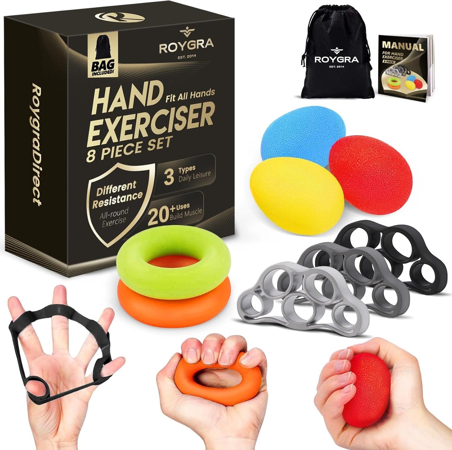 Grip Strength Trainer Set (8 Pack) - Forearm Strengthener, Stress Balls, Hand Therapy Equipment