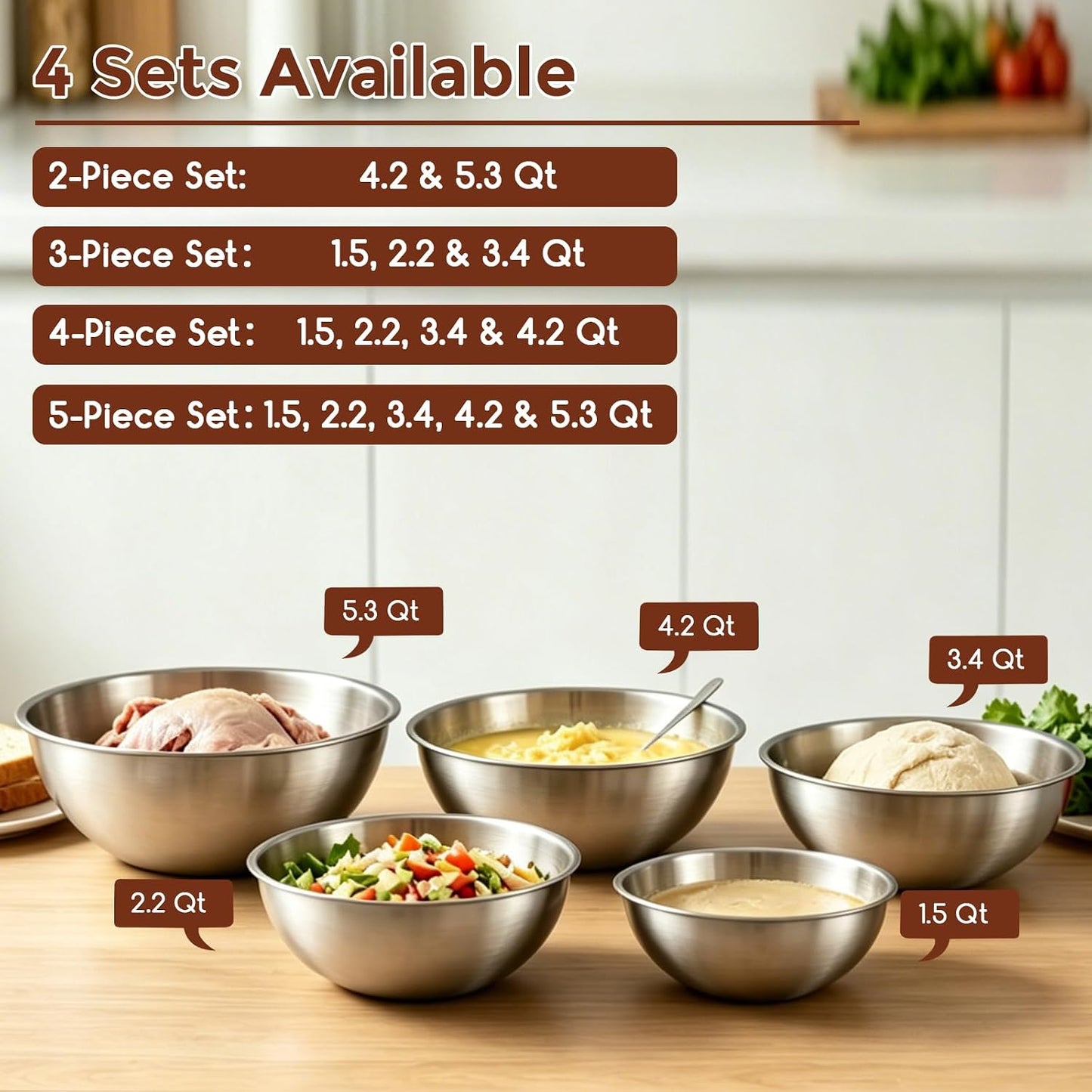 Gronivex Stainless Steel Mixing Bowls Set, 3-Piece (1.5, 2.2 & 3.4 Qt) | Food-Grade Metal, Dishwasher safe,Stackable Nesting & Space-Saving – For Kitchen Baking, Salads, Meal Prep, RV & Camping