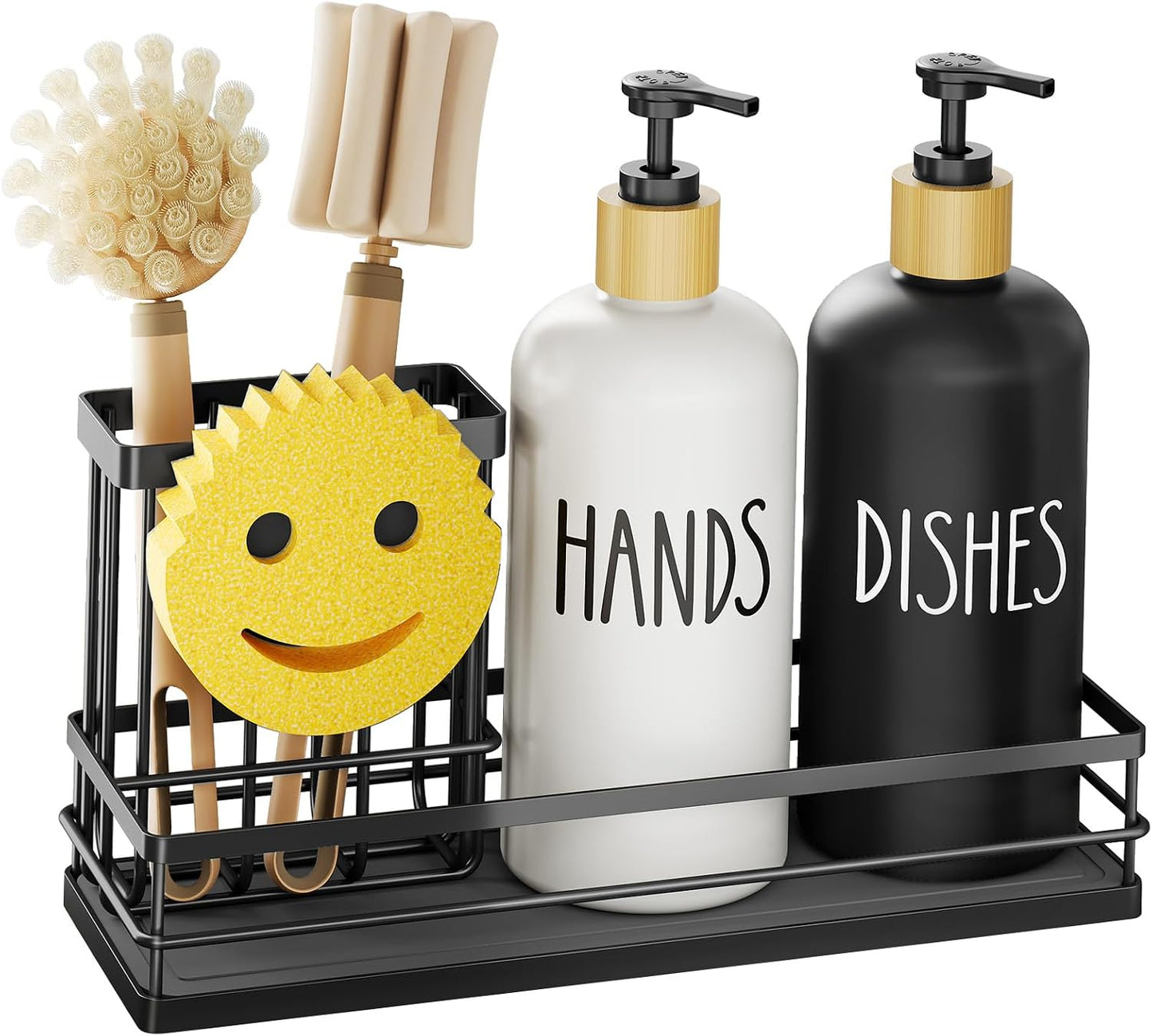 Moforoco Kitchen Dish Soap Dispenser Set, 16OZ Glass Bottle, Hand and Dish Soap Dispenser Set, Instant Dry Tray, Brush Holder with Smiley Face Sponge Holder (Black Tray+Black&White Bottle)