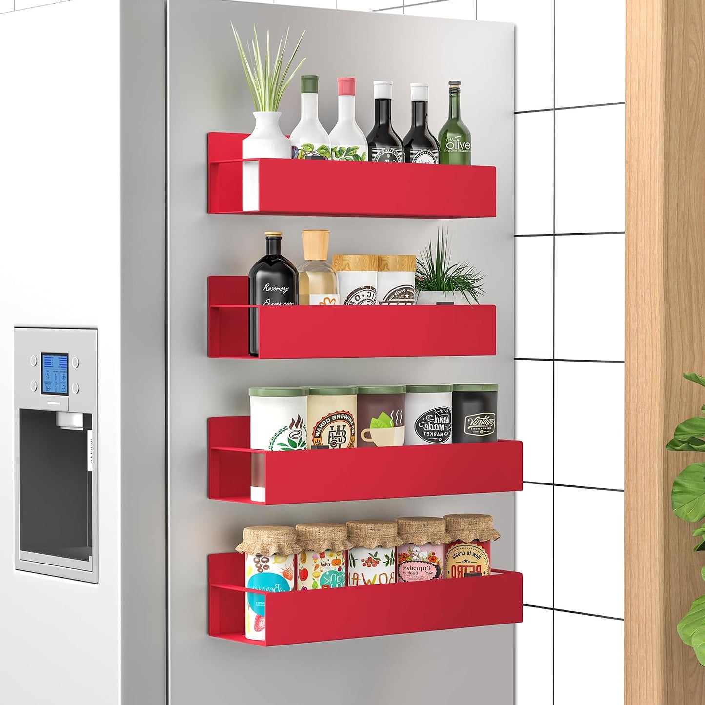 HuggieGems Metal 4 Pack Magnetic Spice Storage Rack Organizer for Refrigerator and Oven, Black Fridge Organizers and Storage, Metal