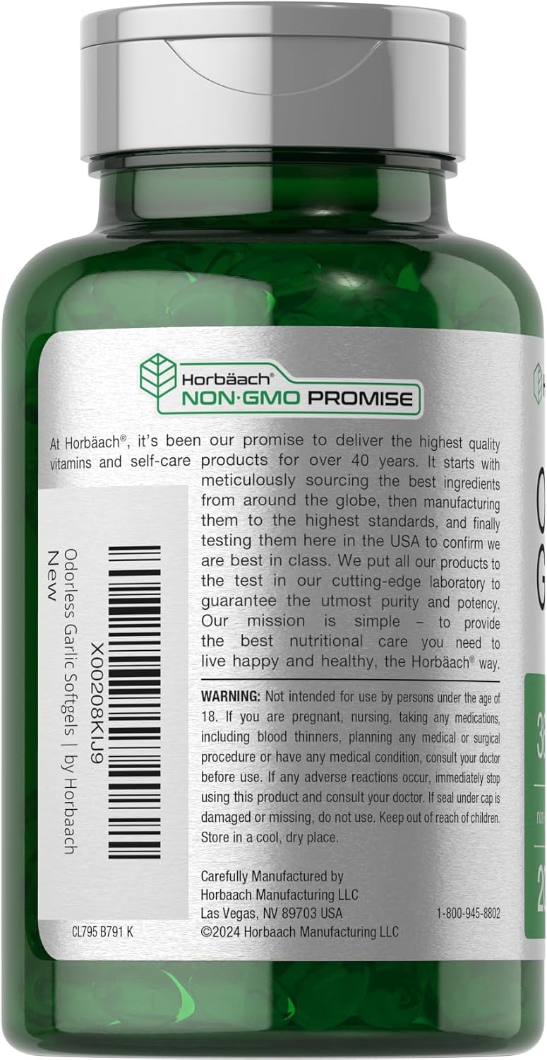 Horbäach Odorless Garlic Softgel Supplement | 200 Pills | Ultra Potent Concentrated Herbal Extract | Non-GMO & Gluten Free