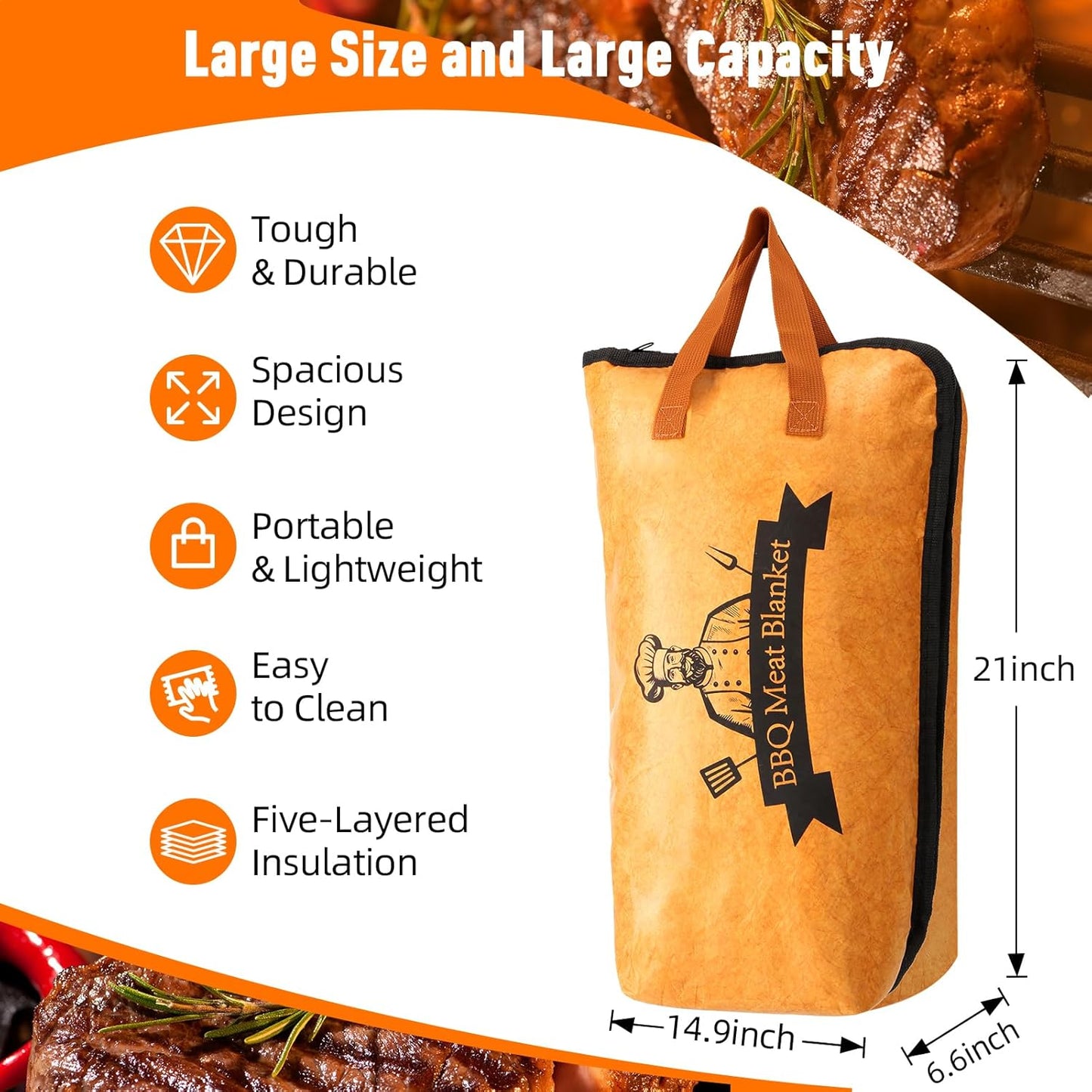 Bolycen 21 in BBQ Blanket for Resting Meat, Insulated Meat Resting Bag | Smoker Accessories, Gift for Men, 5-Layer, Wide Mouth, Reusable, Leak-Resistant, Foldable, for Turkey, Brisket and Pork