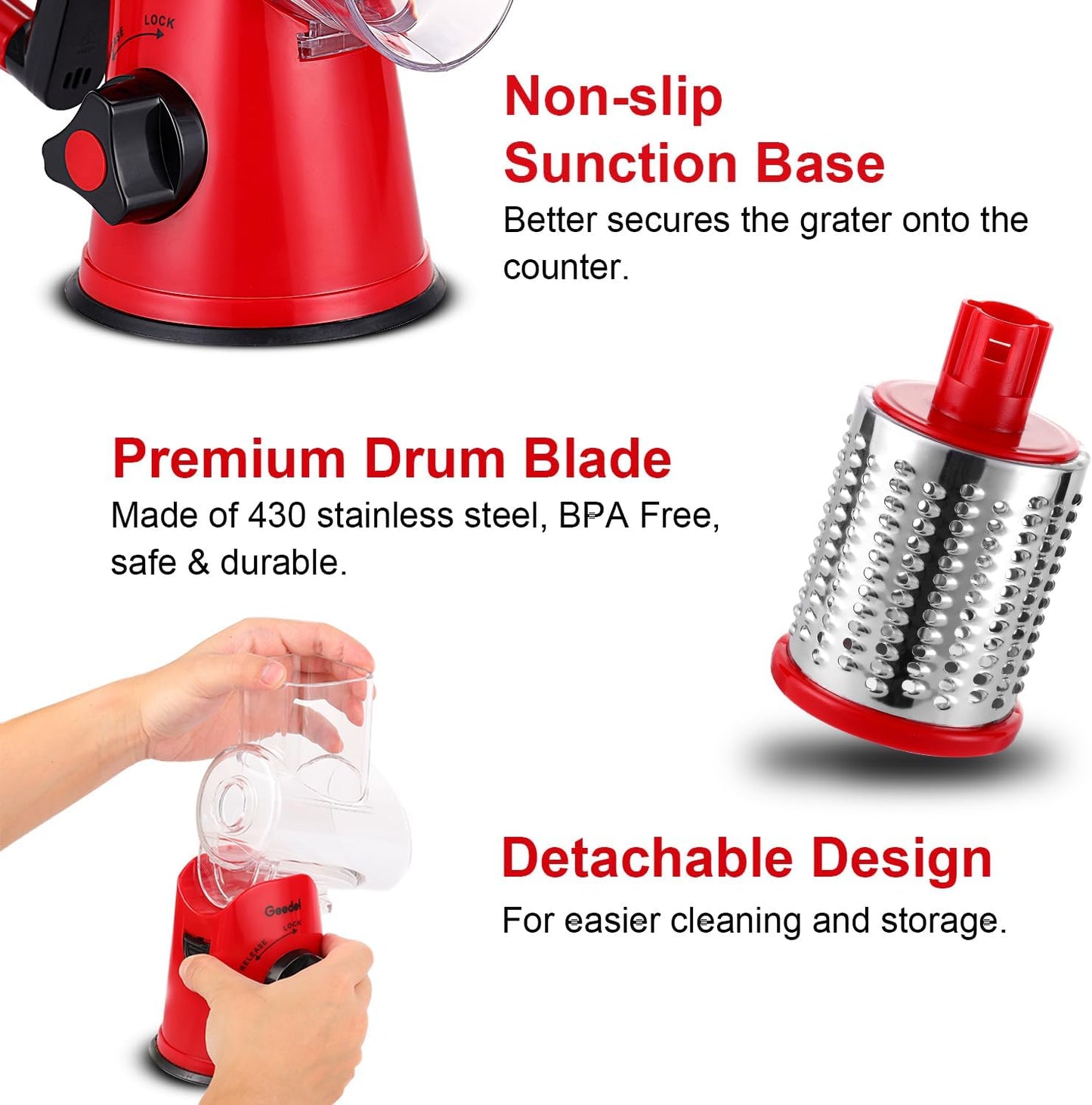 Geedel Rotary Cheese Grater Hand Crank, Cheese Shredder Vegetable Slicer | 3 Blades, 430 Stainless Steel, 12x Fast Cutting, Strong Suction Base, No BPA, Dishwasher Safe, for Cheese, Veggie, Nut