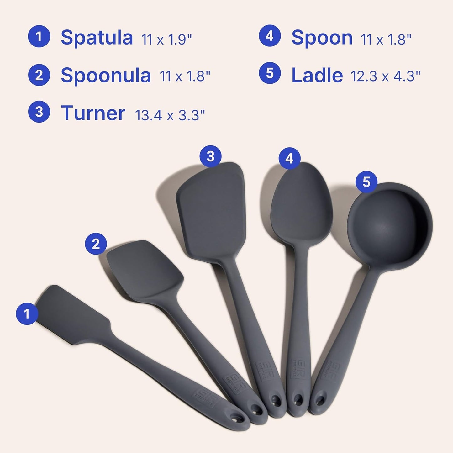GIR 5-Piece Silicone Kitchen Utensils Set, Non-Toxic Cooking Utensils for Cooking and Baking, Heat Resistant, Food Grade, Dishwasher Safe Rubber Spatula, Ladle, Spoon - Charcoal