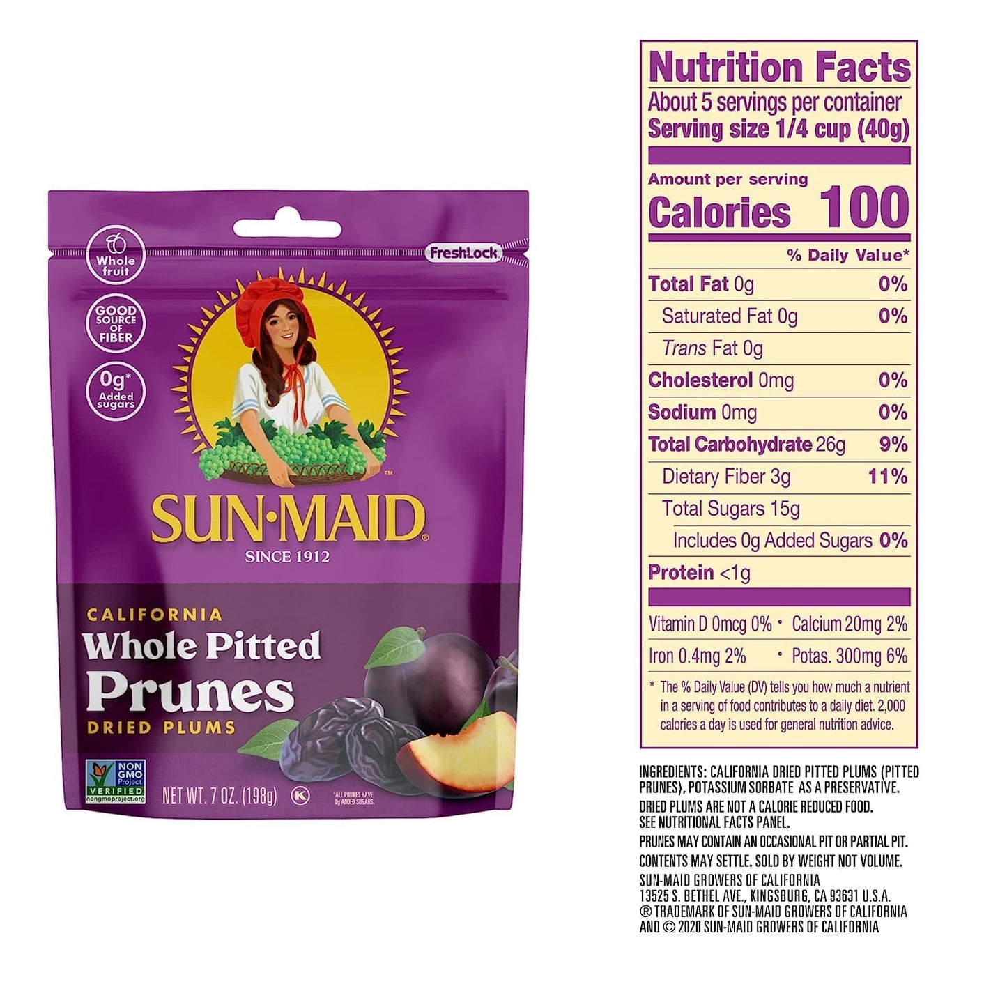 Sun-Maid California Sun-Dried Whole Pitted Prunes 4 Pack 7 oz Resealable Bag